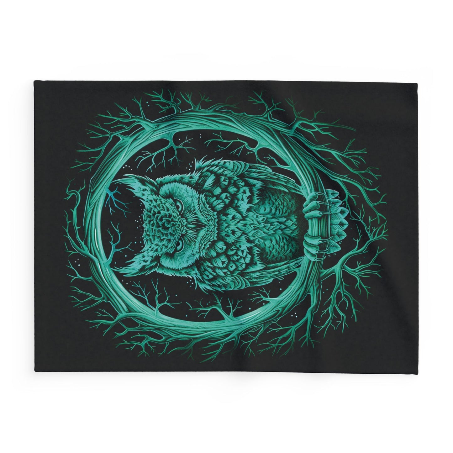 Owl Wreath Arctic Fleece Blanket Green Owl Blanket Fleece Green and Black Blanket Glowing Blanket