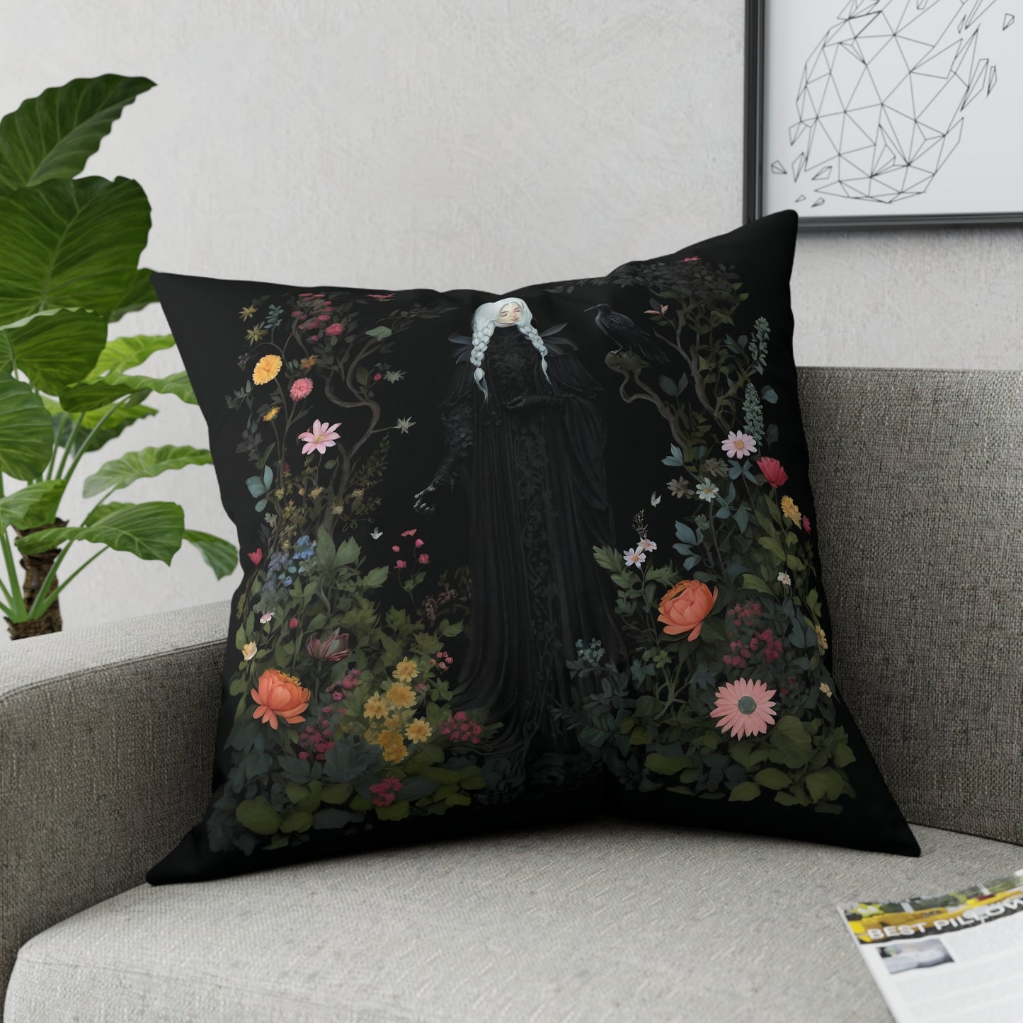 Dark Cottagecore Pillow, Sanctuary in the Wilds, dark botanical print, dark floral pillow, dark aesthetic, goth cottagecore pillow, witchy