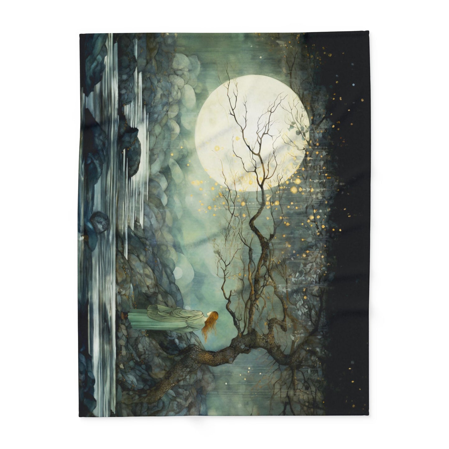 Her Lunar Reflections Arctic Fleece Blanket - a serene original art scene featuring a redheaded woman and a full moon