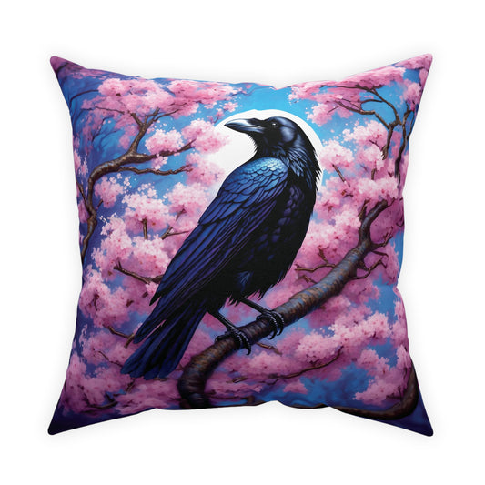 Raven and Cherry Blossom Tree Pillow - throw pillow, raven pillow, cherry blossom decor, dark cottagecore, cherry blossom gift, floral