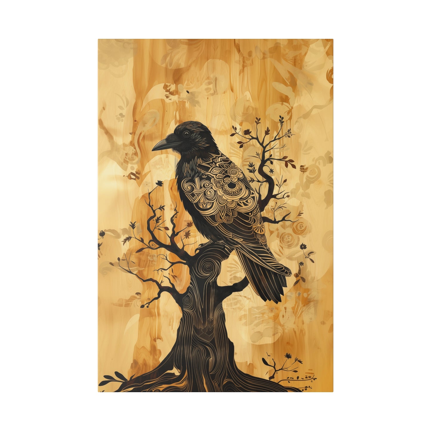 Delicate Raven Matte Canvas Corvid in tree Art Print 12x18, 16x24, 20x30, 24x36 inch Artwork Aspect Ratio 2:3 (vertical) as if on wood