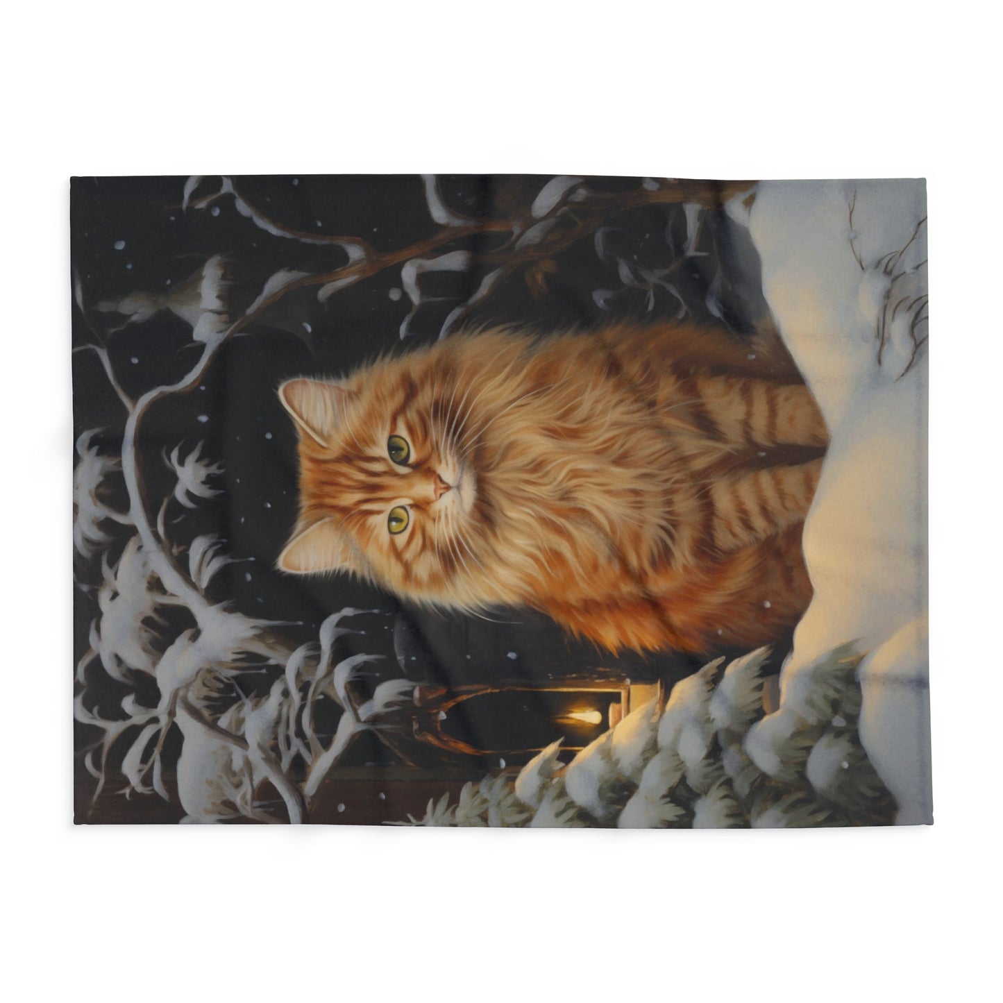 Winter Cat Arctic Fleece Blanket - Original Art - a Fluffy Orange Cat in a Comfy Snowy Scene Winter Fleece Blanket Fleece Cat Blanket