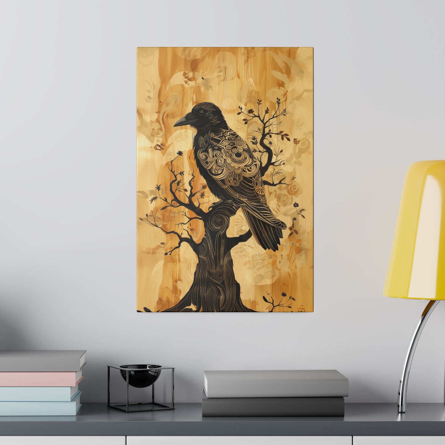 Delicate Raven Matte Canvas Corvid in tree Art Print 12x18, 16x24, 20x30, 24x36 inch Artwork Aspect Ratio 2:3 (vertical) as if on wood