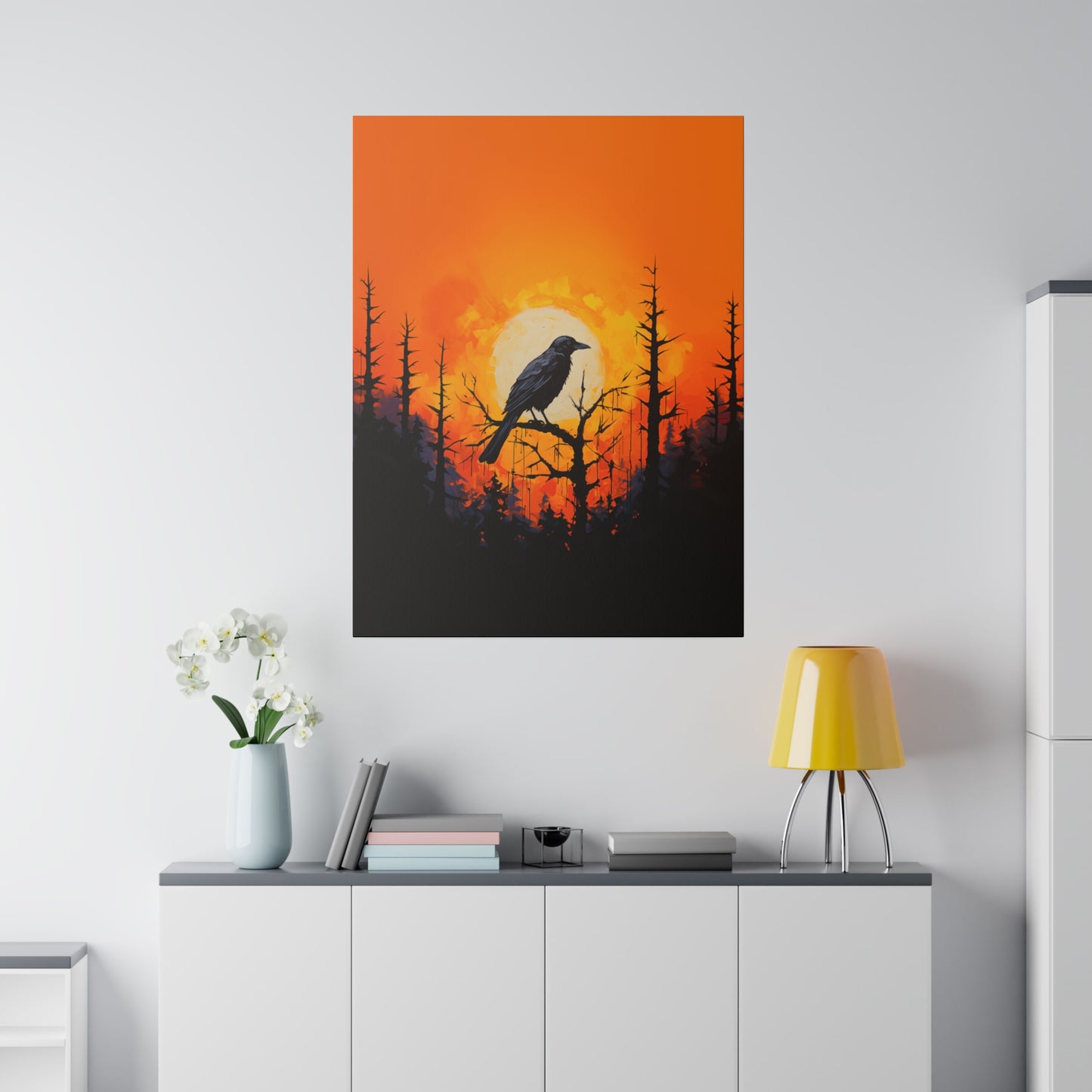 Corvid Sunrise Silhouette Matte Canvas Orange and Black Abstract Art Print 8x10, 12x16, 16x20,  18x24, 20x30, 24x32, 30x40, 32x48" Artwork