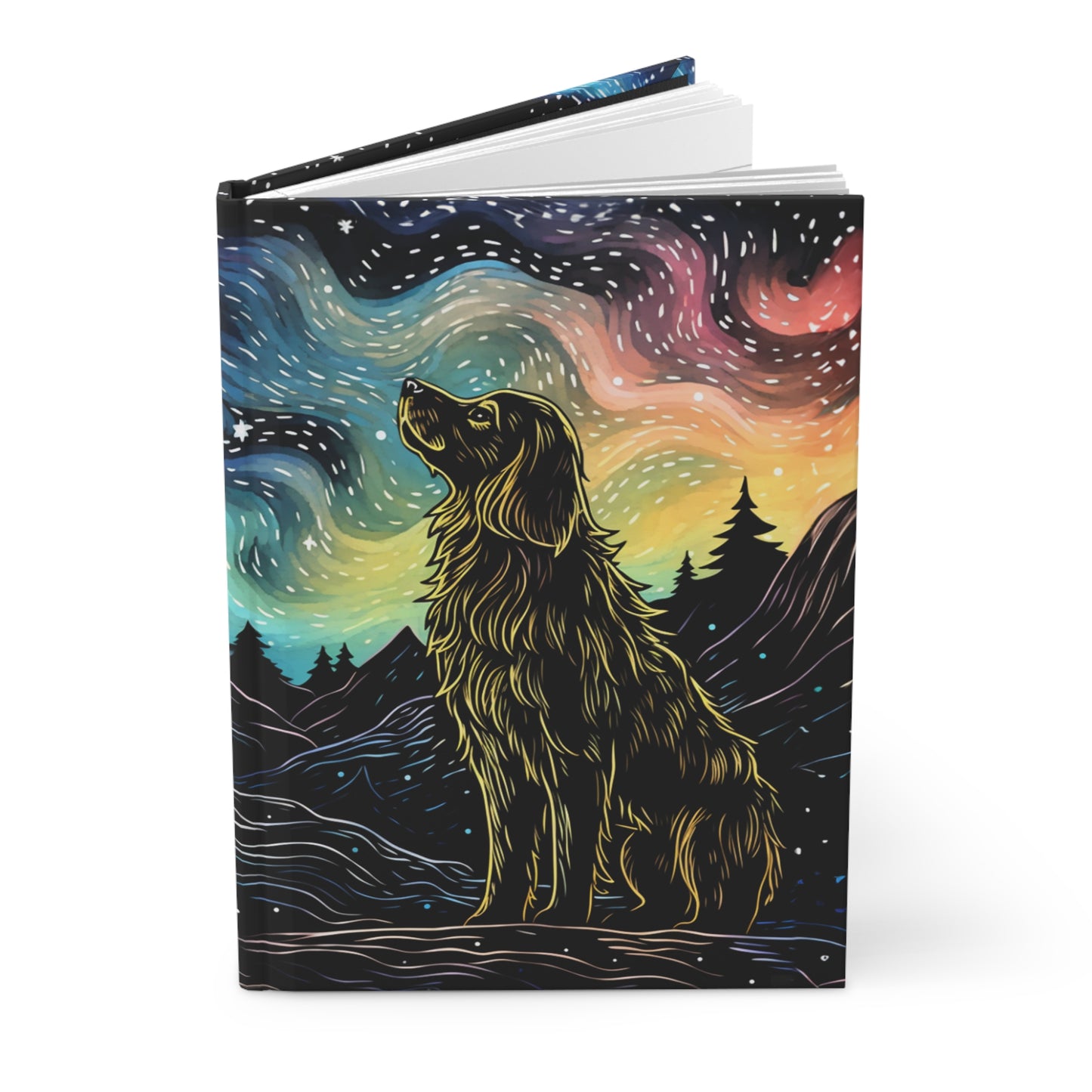 Dog Journal Hardcover Ruled - colorful rainbow sky, golden retriever, original art