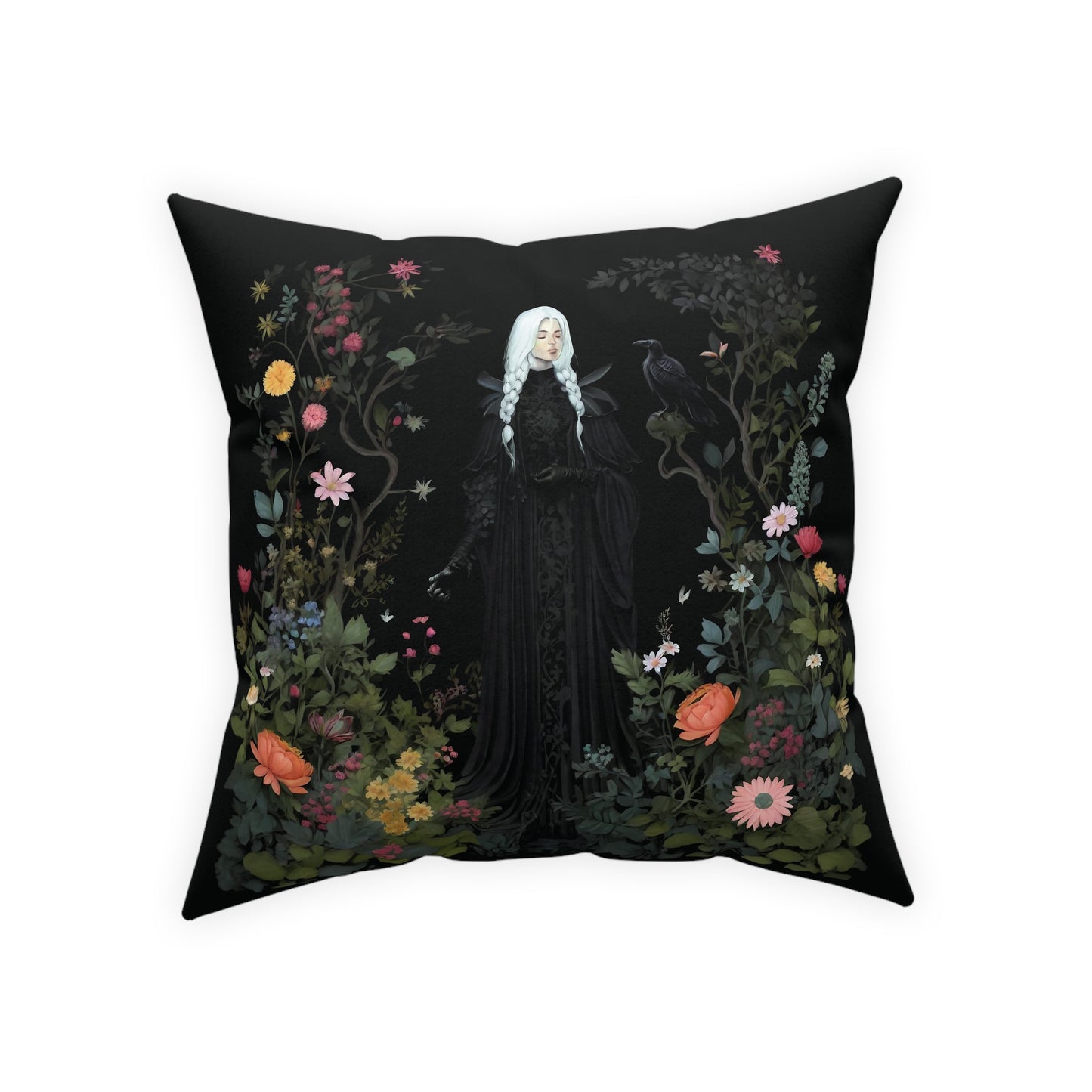 Dark Cottagecore Pillow, Sanctuary in the Wilds, dark botanical print, dark floral pillow, dark aesthetic, goth cottagecore pillow, witchy