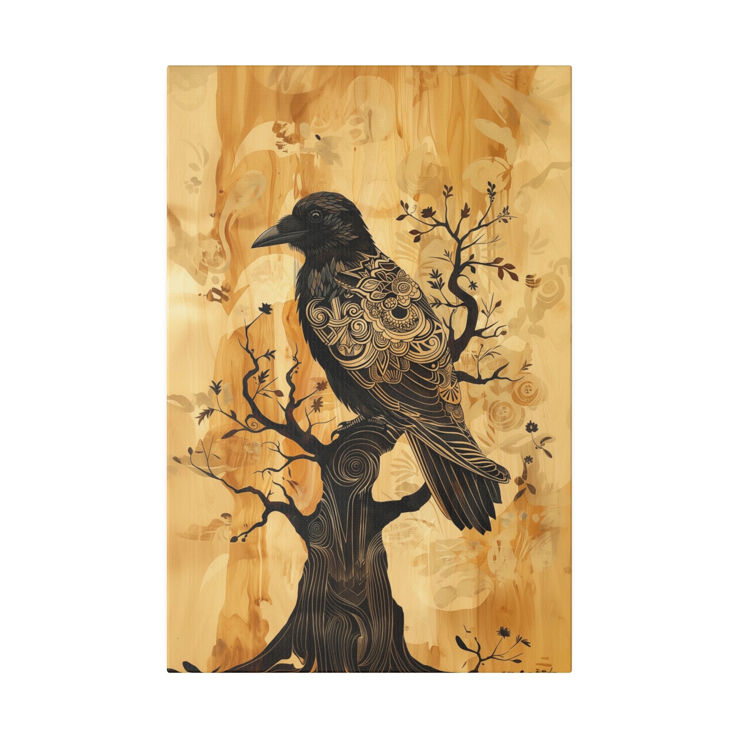 Delicate Raven Matte Canvas Corvid in tree Art Print 12x18, 16x24, 20x30, 24x36 inch Artwork Aspect Ratio 2:3 (vertical) as if on wood