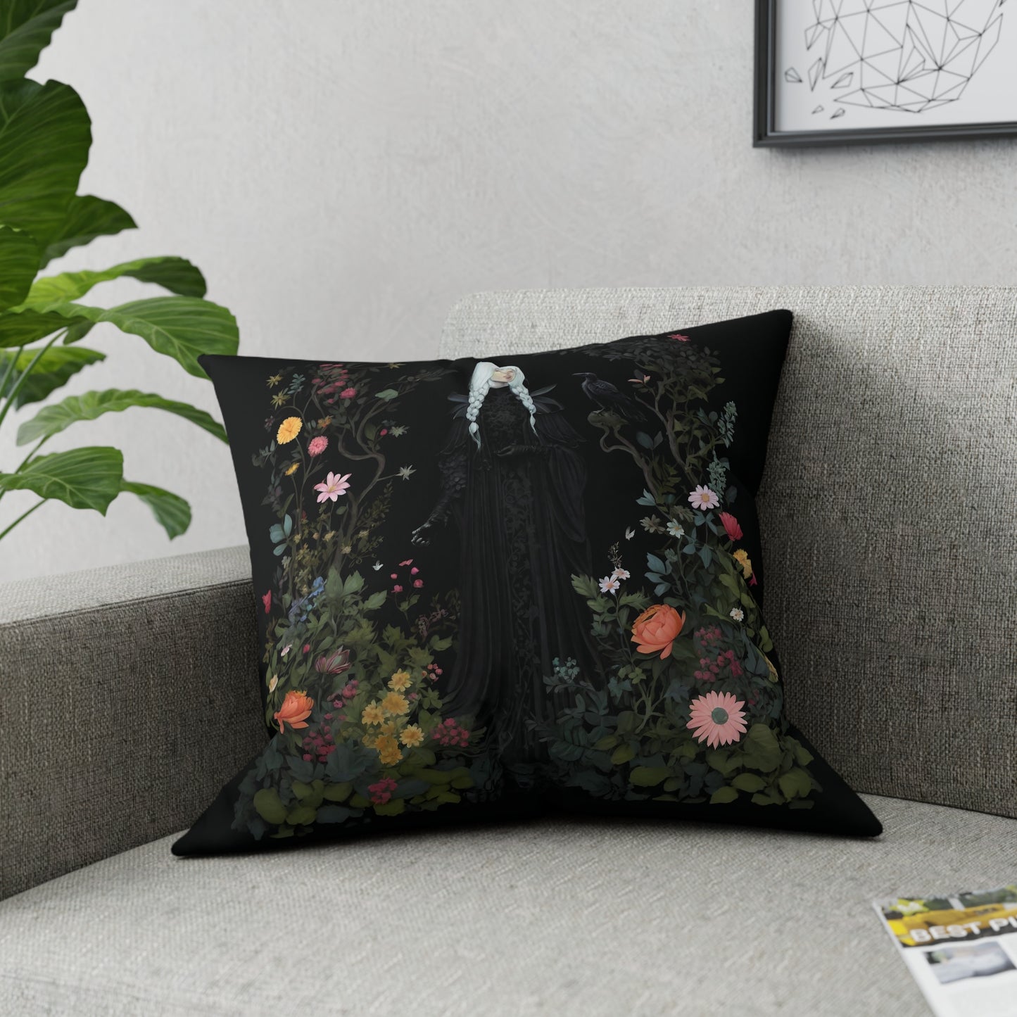 Dark Cottagecore Pillow, Sanctuary in the Wilds, dark botanical print, dark floral pillow, dark aesthetic, goth cottagecore pillow, witchy