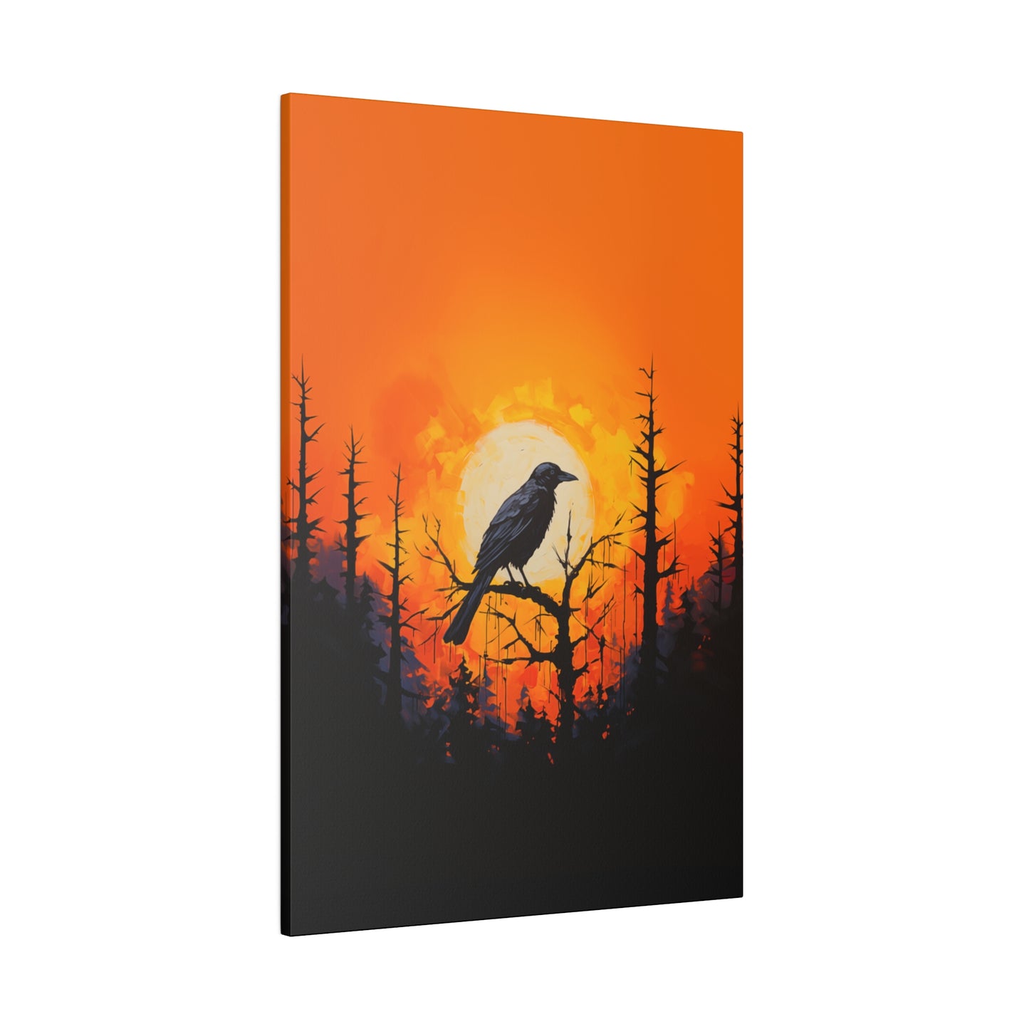 Corvid Sunrise Silhouette Matte Canvas Orange and Black Abstract Art Print 8x10, 12x16, 16x20,  18x24, 20x30, 24x32, 30x40, 32x48" Artwork