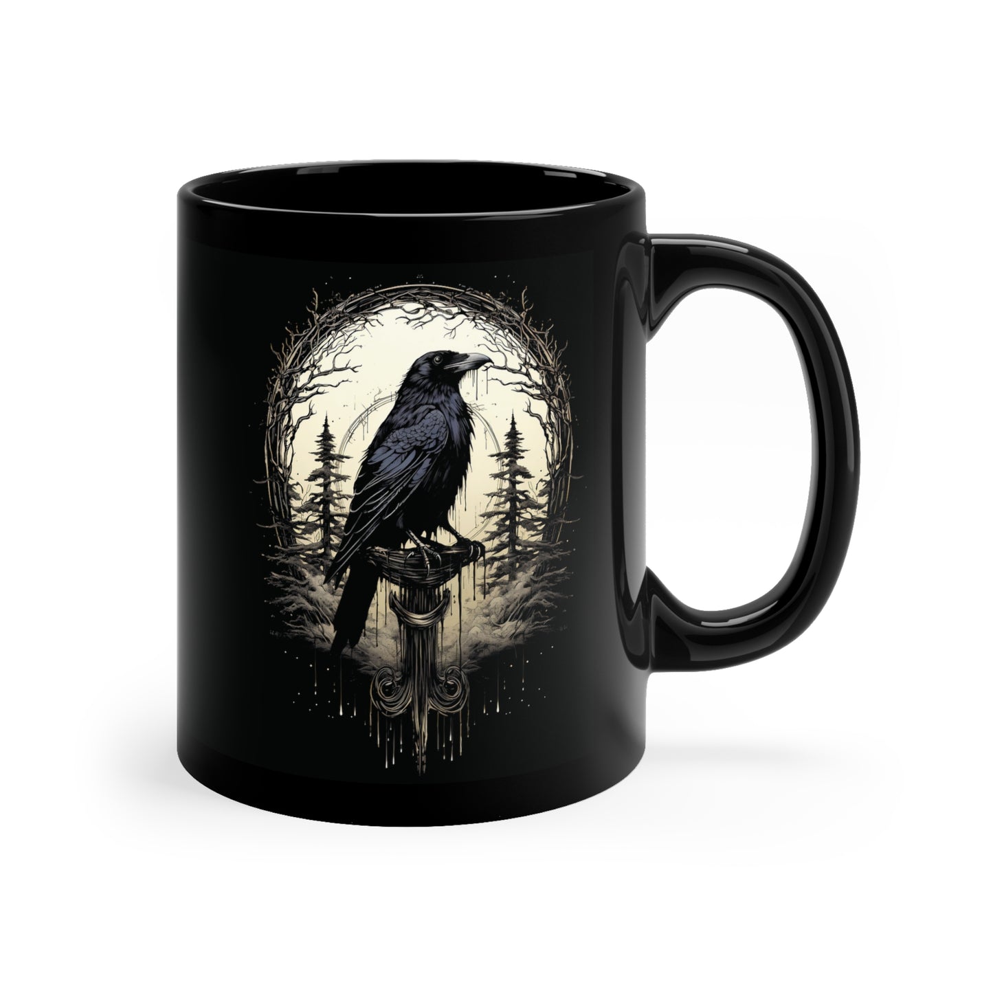 Night's Sentinel 11oz Black Coffee Mug - Original art on a mug, black raven mug, gothic mug, raven mug, dark academic mug, raven gift, Odin