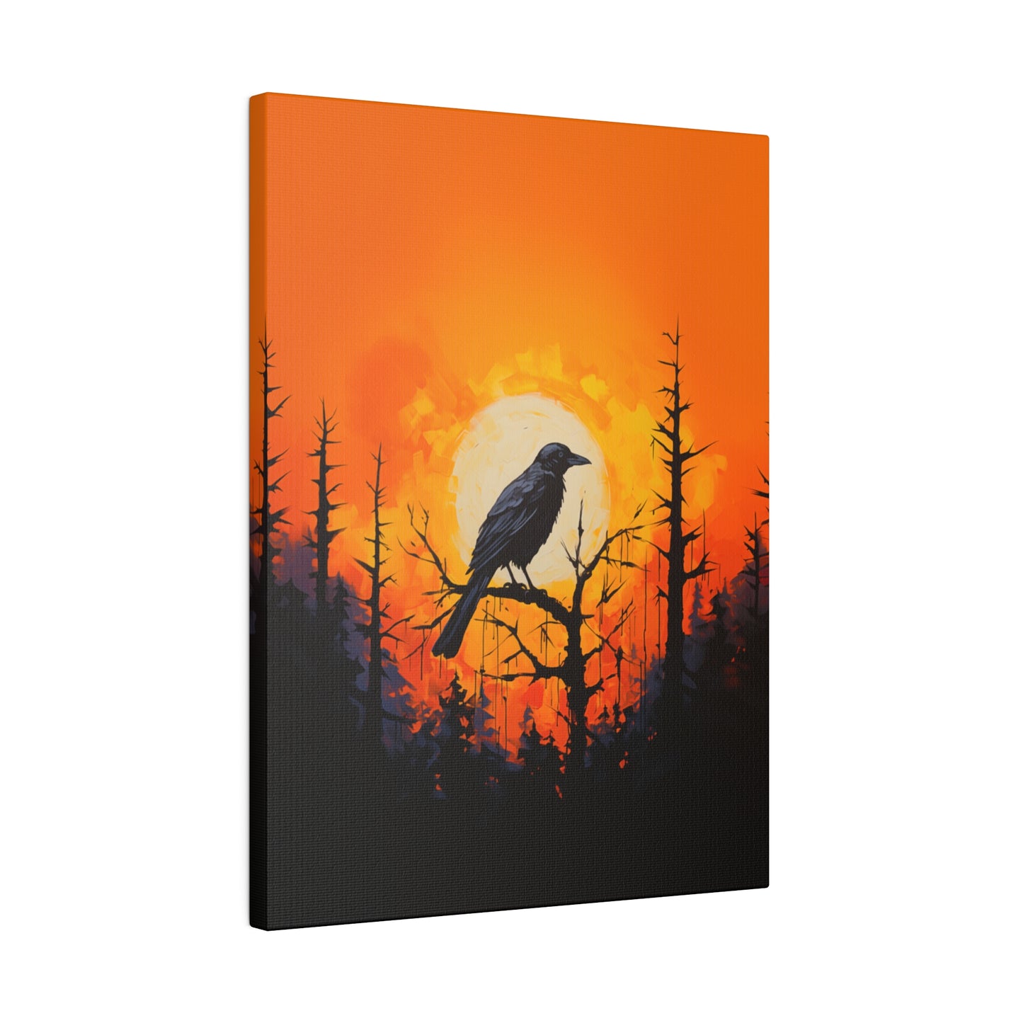 Corvid Sunrise Silhouette Matte Canvas Orange and Black Abstract Art Print 8x10, 12x16, 16x20,  18x24, 20x30, 24x32, 30x40, 32x48" Artwork