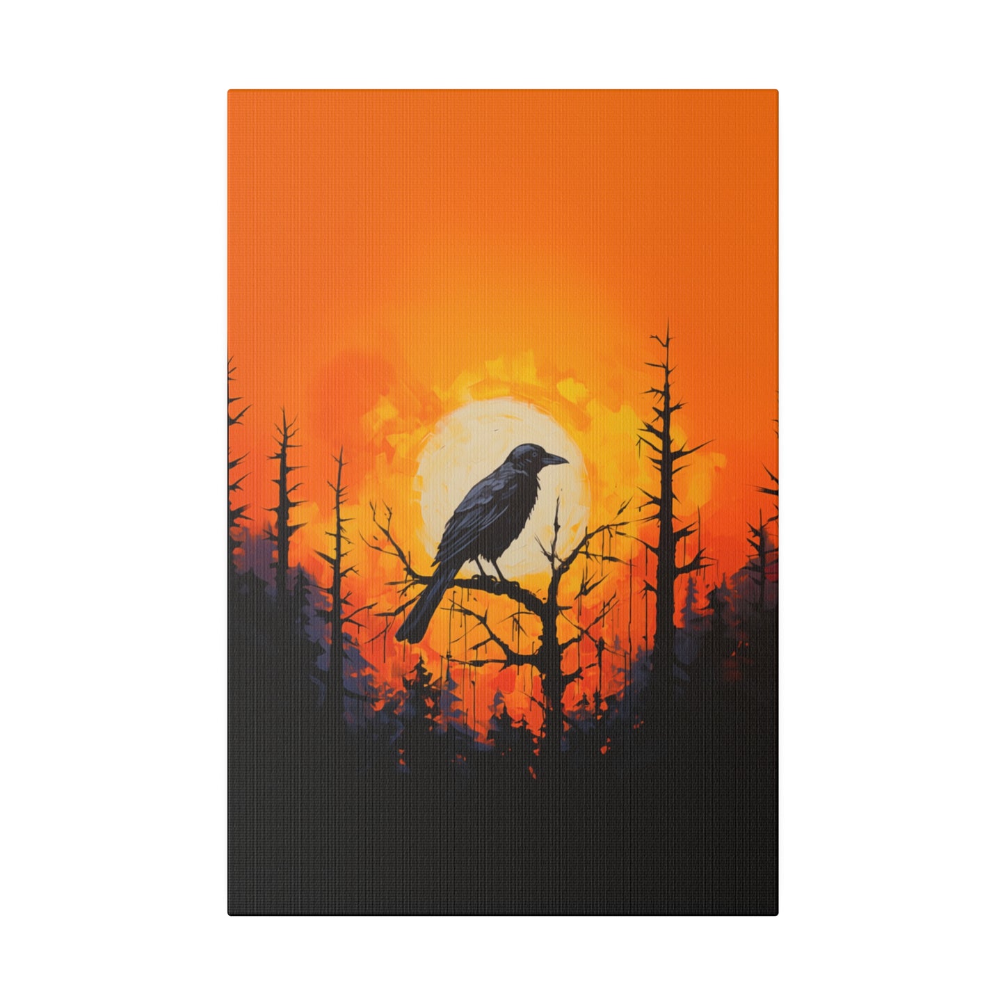 Corvid Sunrise Silhouette Matte Canvas Orange and Black Abstract Art Print 8x10, 12x16, 16x20,  18x24, 20x30, 24x32, 30x40, 32x48" Artwork