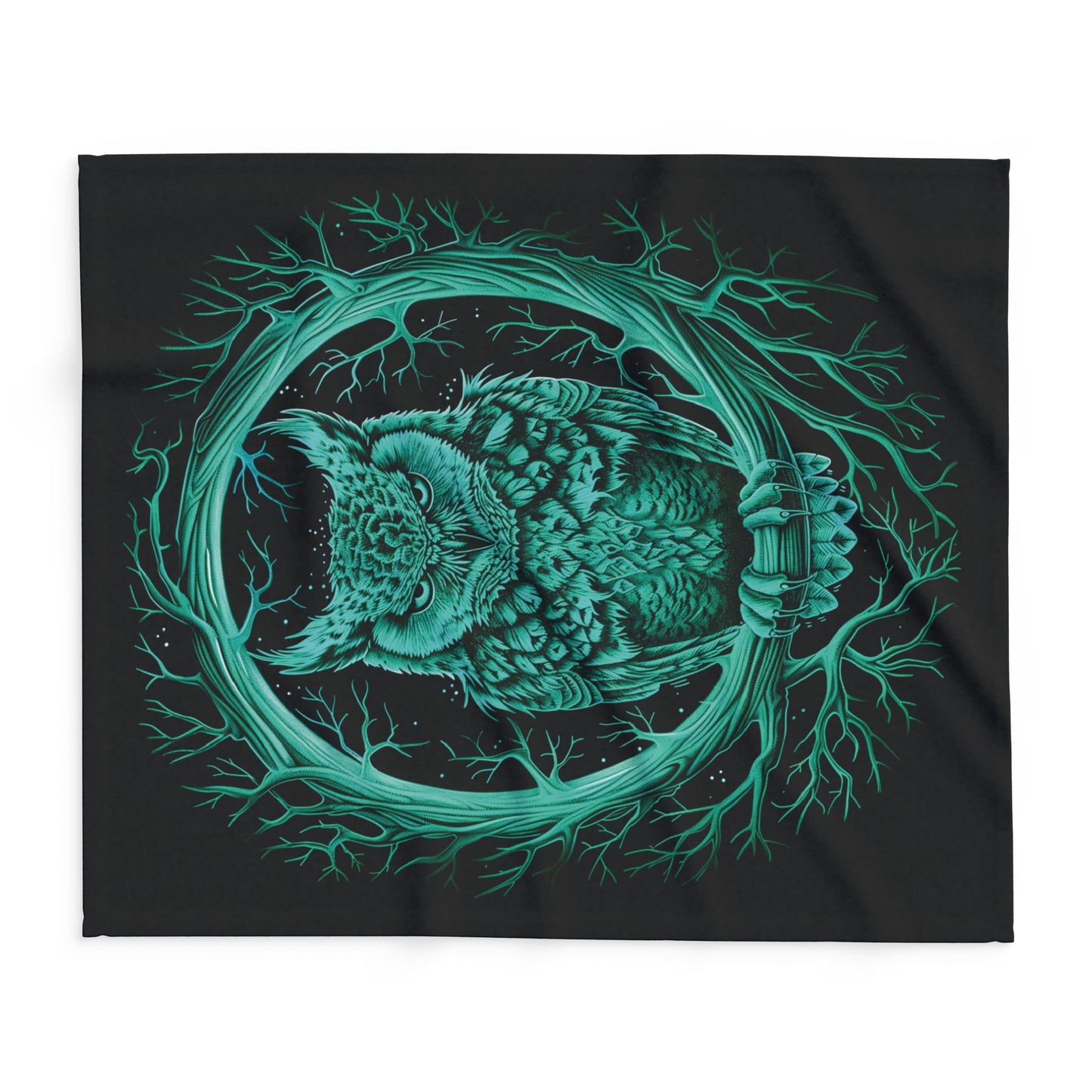 Owl Wreath Arctic Fleece Blanket Green Owl Blanket Fleece Green and Black Blanket Glowing Blanket