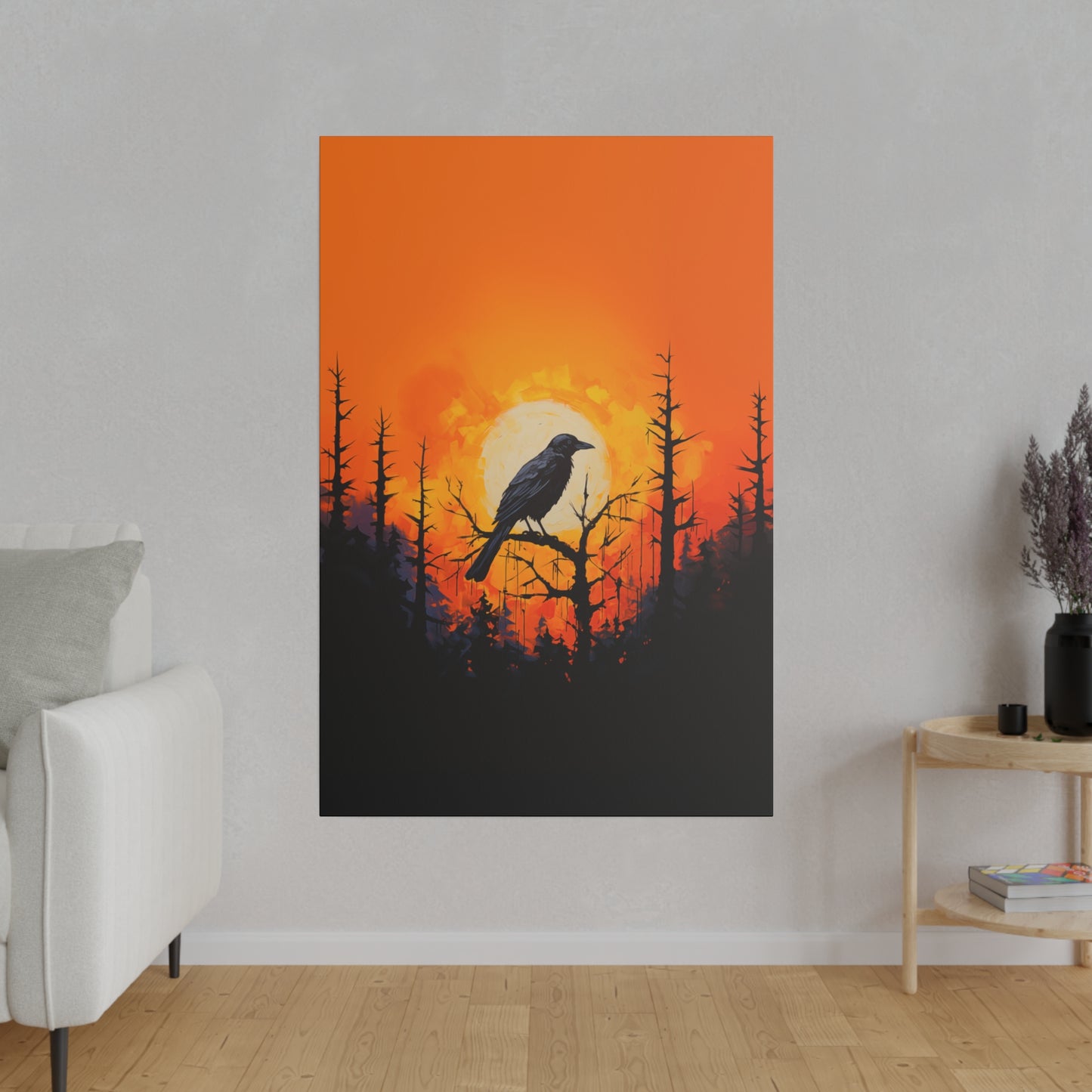 Corvid Sunrise Silhouette Matte Canvas Orange and Black Abstract Art Print 8x10, 12x16, 16x20,  18x24, 20x30, 24x32, 30x40, 32x48" Artwork