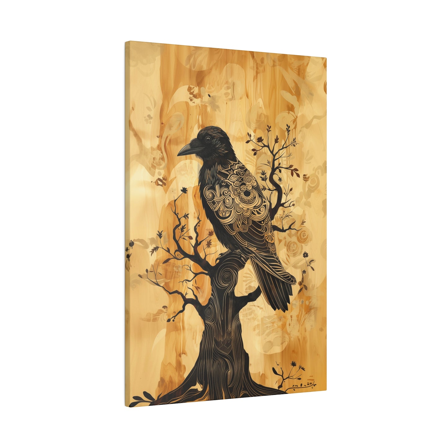 Delicate Raven Matte Canvas Corvid in tree Art Print 12x18, 16x24, 20x30, 24x36 inch Artwork Aspect Ratio 2:3 (vertical) as if on wood