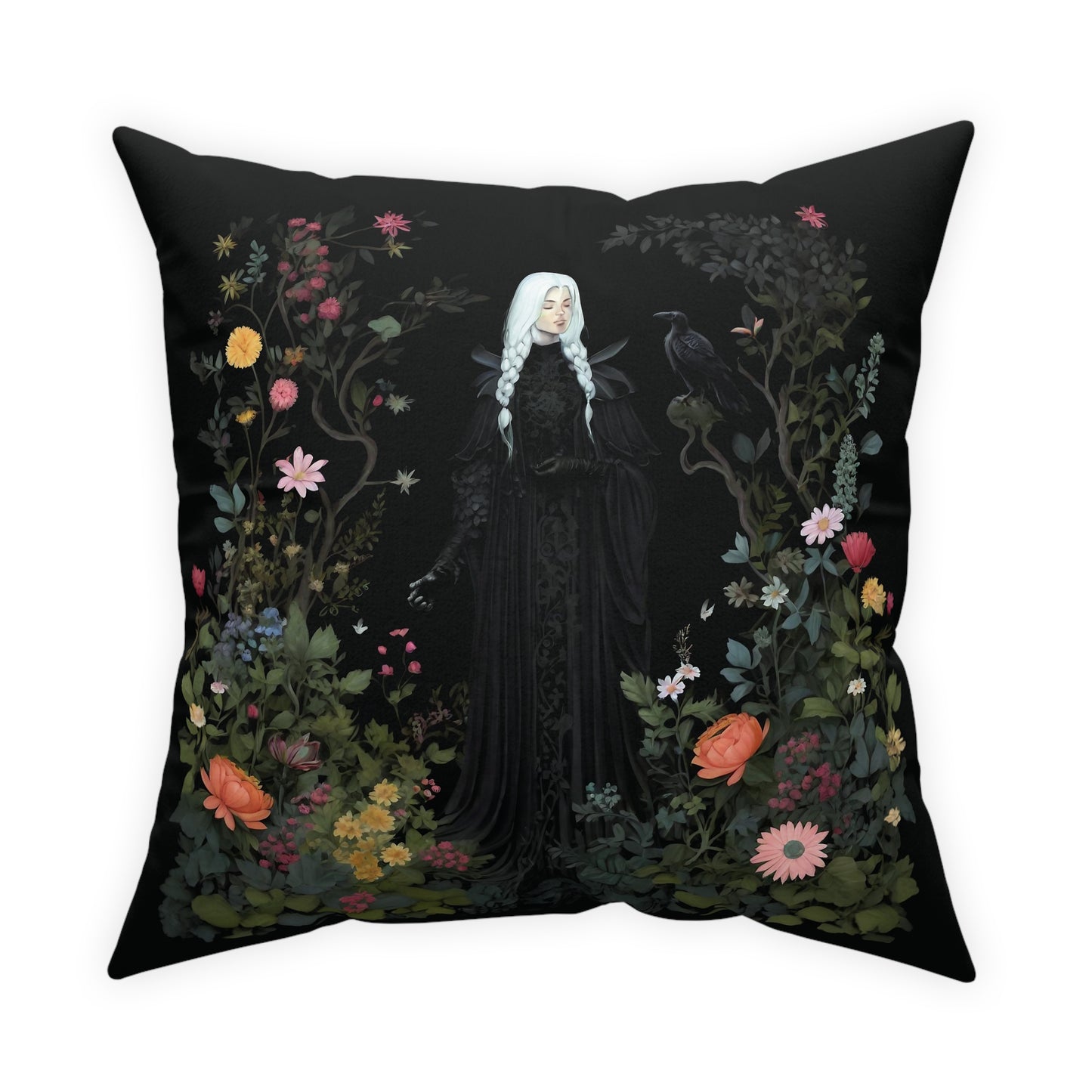 Dark Cottagecore Pillow, Sanctuary in the Wilds, dark botanical print, dark floral pillow, dark aesthetic, goth cottagecore pillow, witchy