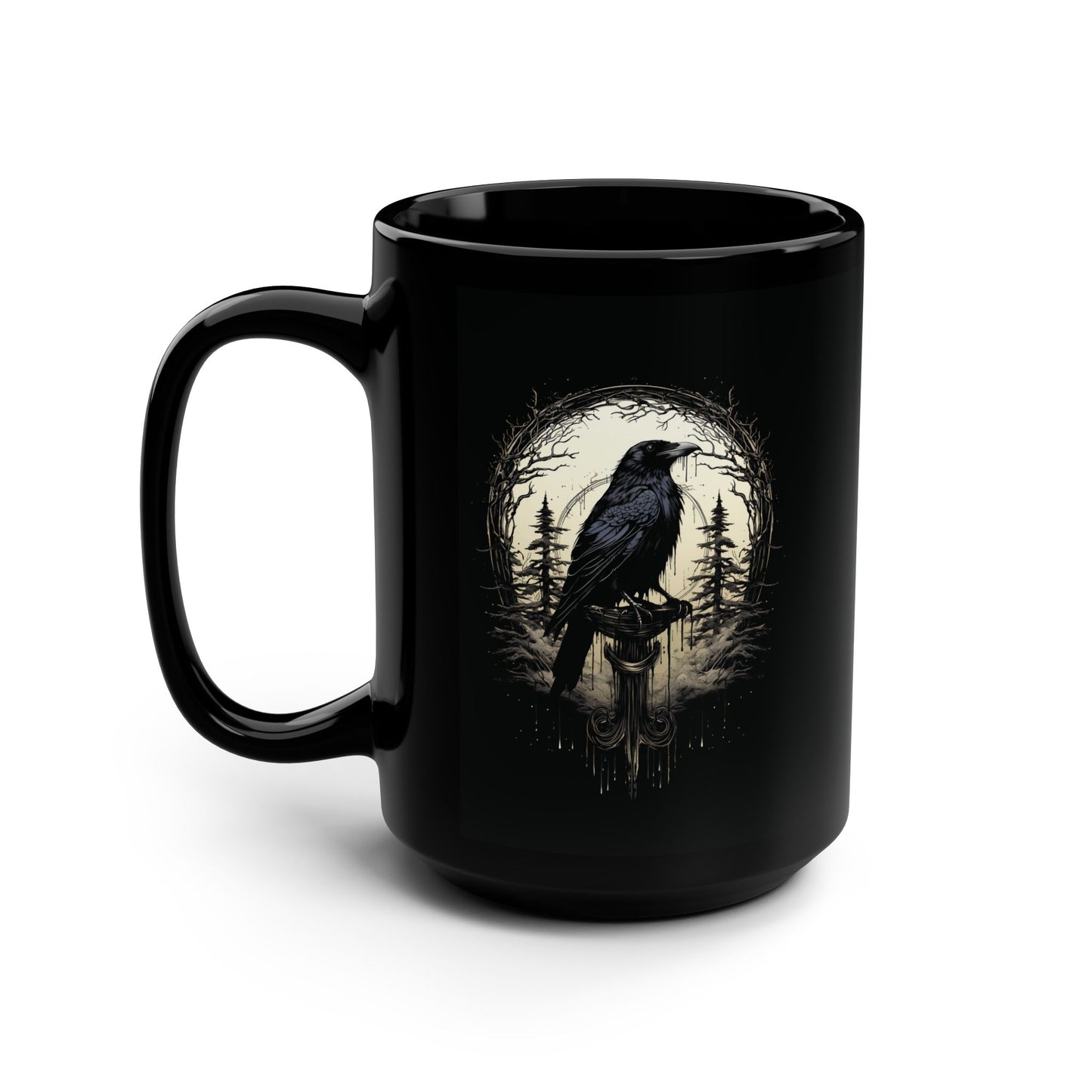 Night's Sentinel 15oz Large Black Mug - Original art on a mug, black raven mug, gothic mug, raven mug, dark academic mug, raven gift, Odin