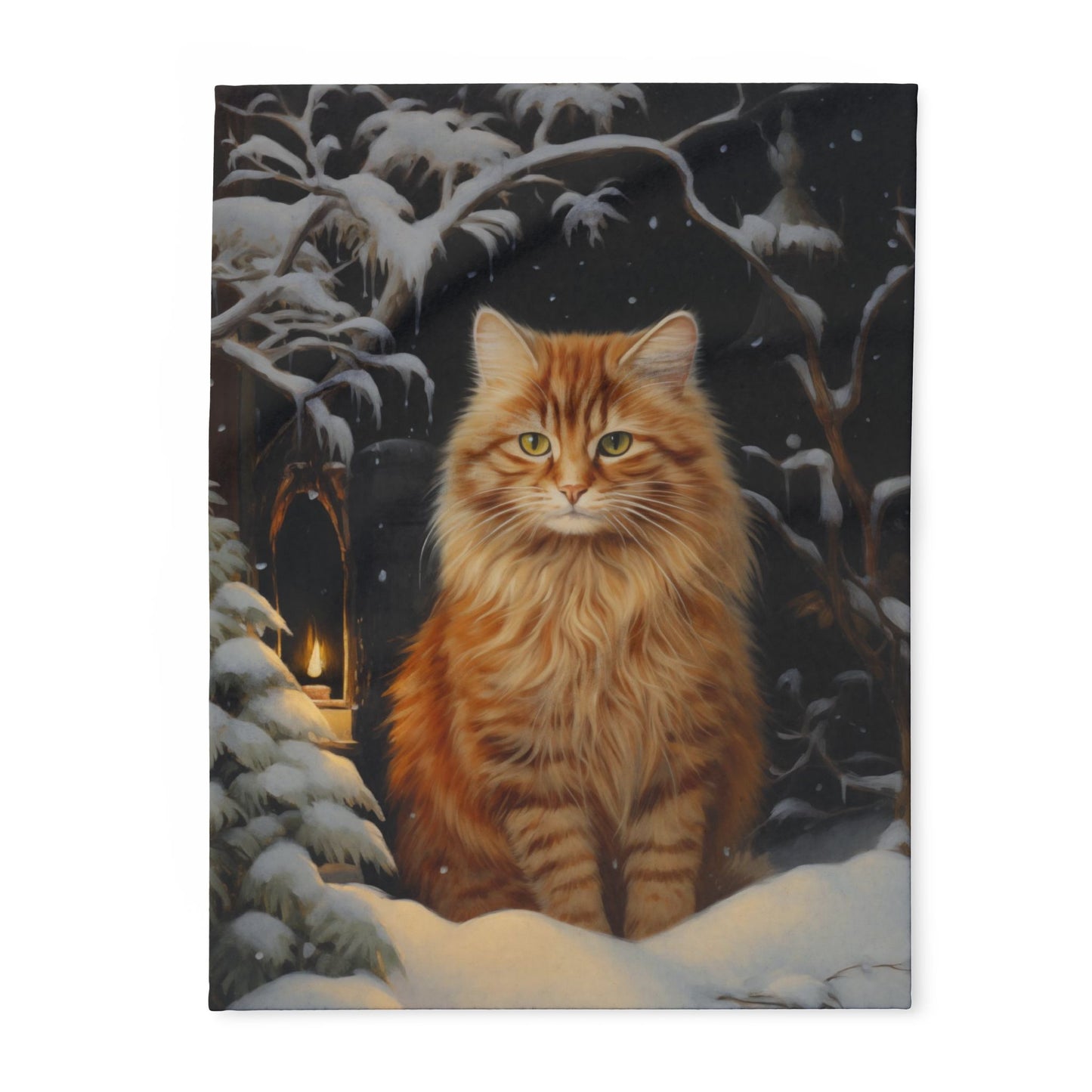 Winter Cat Arctic Fleece Blanket - Original Art - a Fluffy Orange Cat in a Comfy Snowy Scene Winter Fleece Blanket Fleece Cat Blanket