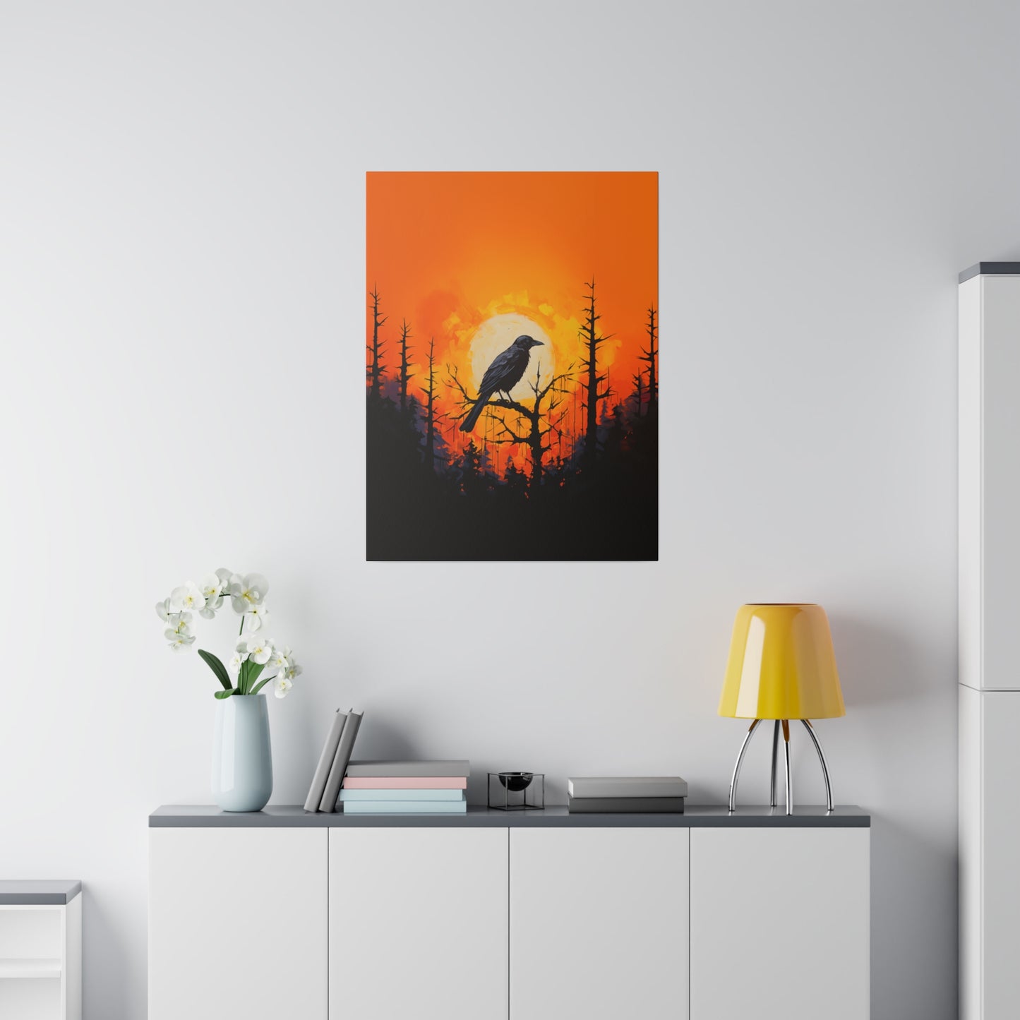 Corvid Sunrise Silhouette Matte Canvas Orange and Black Abstract Art Print 8x10, 12x16, 16x20,  18x24, 20x30, 24x32, 30x40, 32x48" Artwork