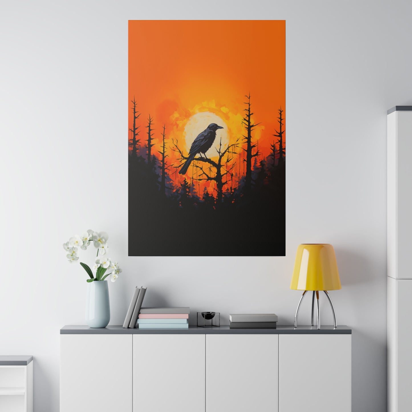 Corvid Sunrise Silhouette Matte Canvas Orange and Black Abstract Art Print 8x10, 12x16, 16x20,  18x24, 20x30, 24x32, 30x40, 32x48" Artwork