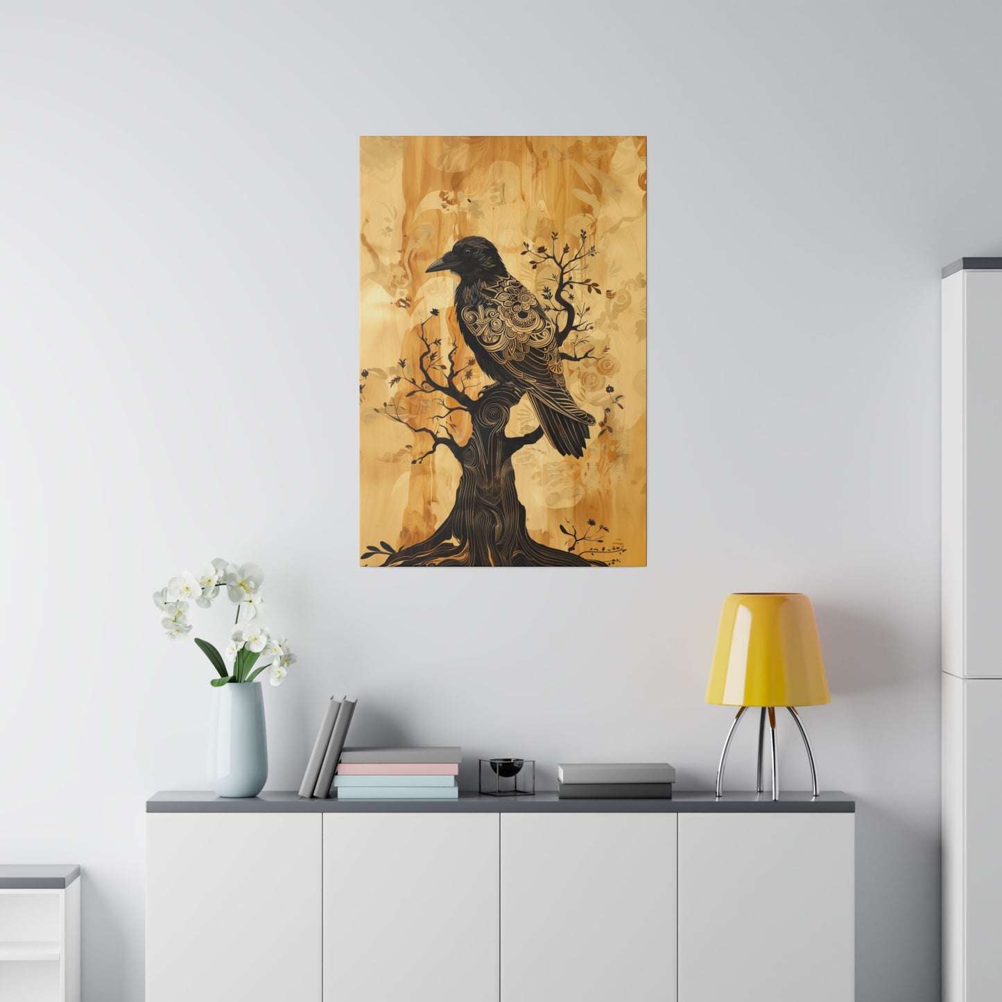 Delicate Raven Matte Canvas Corvid in tree Art Print 12x18, 16x24, 20x30, 24x36 inch Artwork Aspect Ratio 2:3 (vertical) as if on wood