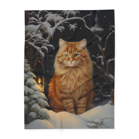 Winter Cat Arctic Fleece Blanket - Original Art - a Fluffy Orange Cat in a Comfy Snowy Scene Winter Fleece Blanket Fleece Cat Blanket