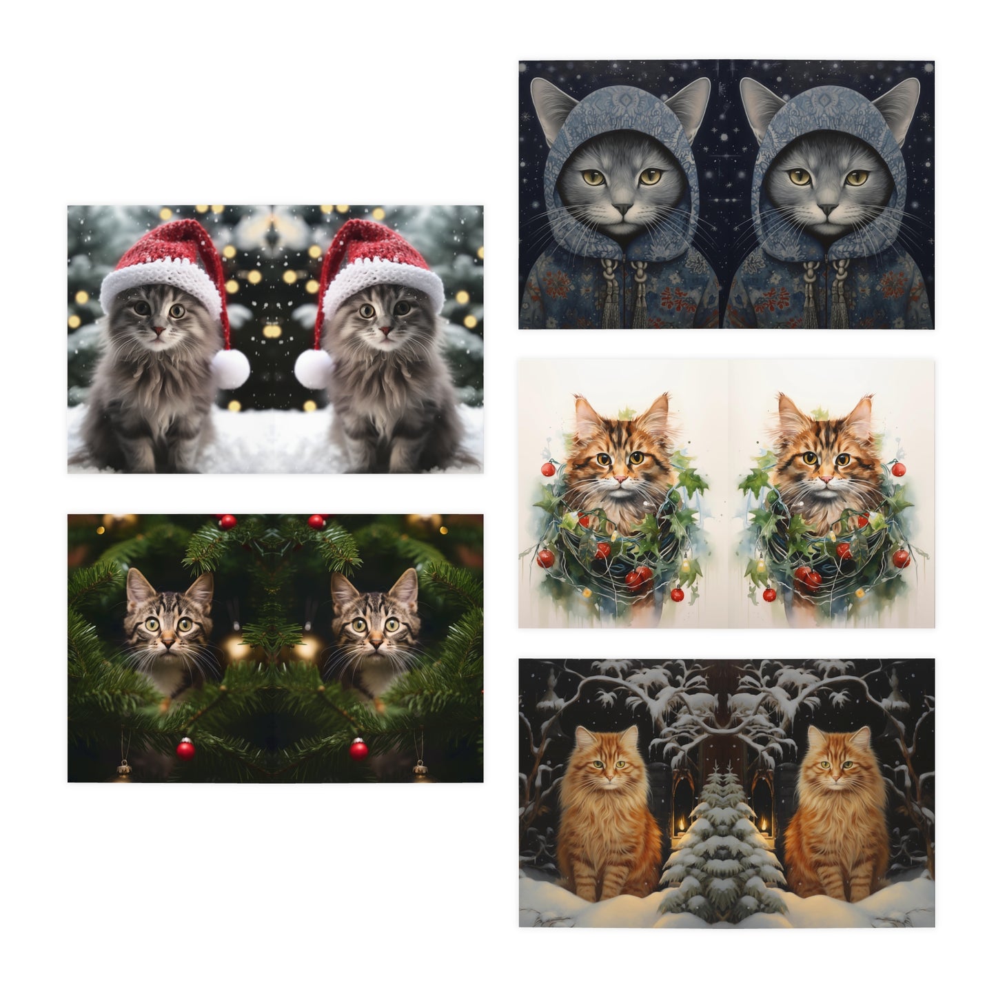 Cat Christmas Card pack of 5 cards, Cats Christmas greeting cards holiday cards kitty Christmas cards blank Christmas post cards, cats