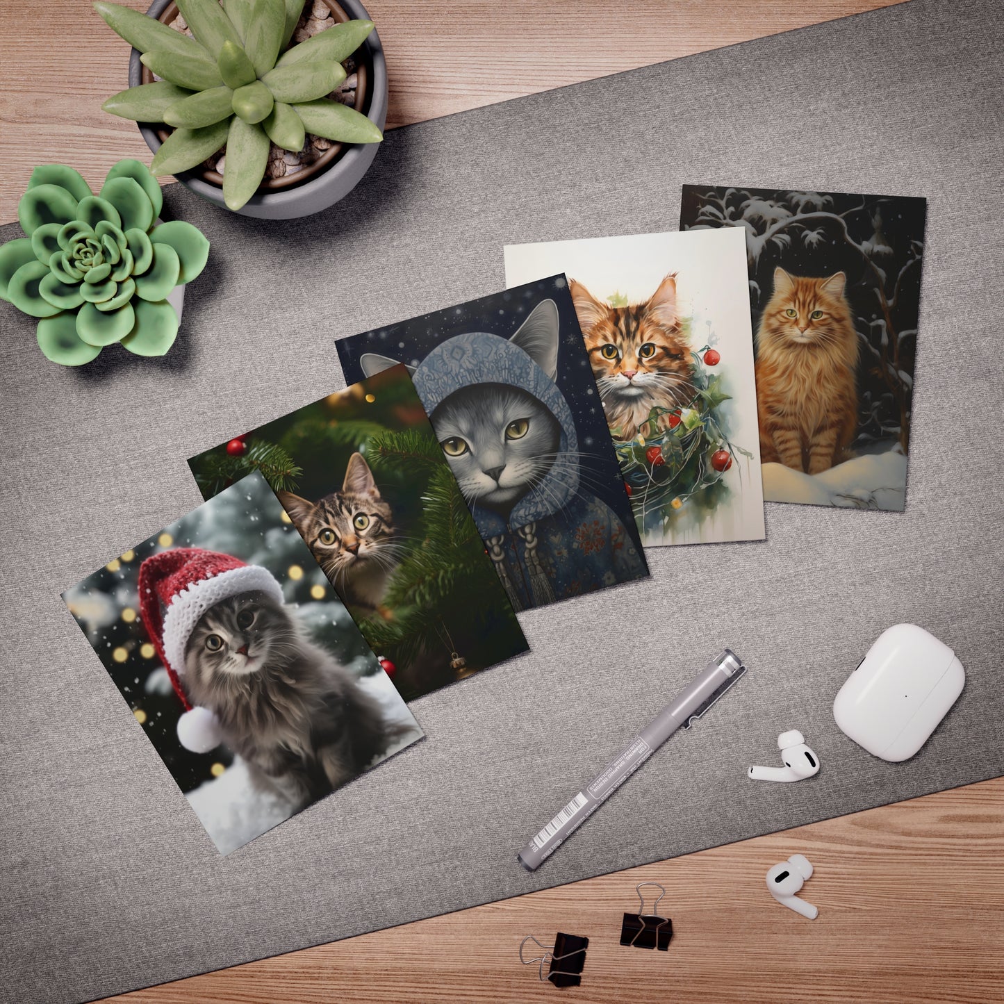 Cat Christmas Card pack of 5 cards, Cats Christmas greeting cards holiday cards kitty Christmas cards blank Christmas post cards, cats