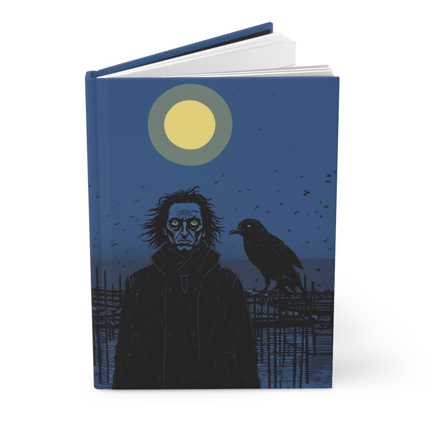 Grim Gaze - Dark Blue Raven & Man Hardcover Notebook Journal - Grim, Dark, Macabre, Haunting, Dark Fantasy, grim art, dark art, desolation