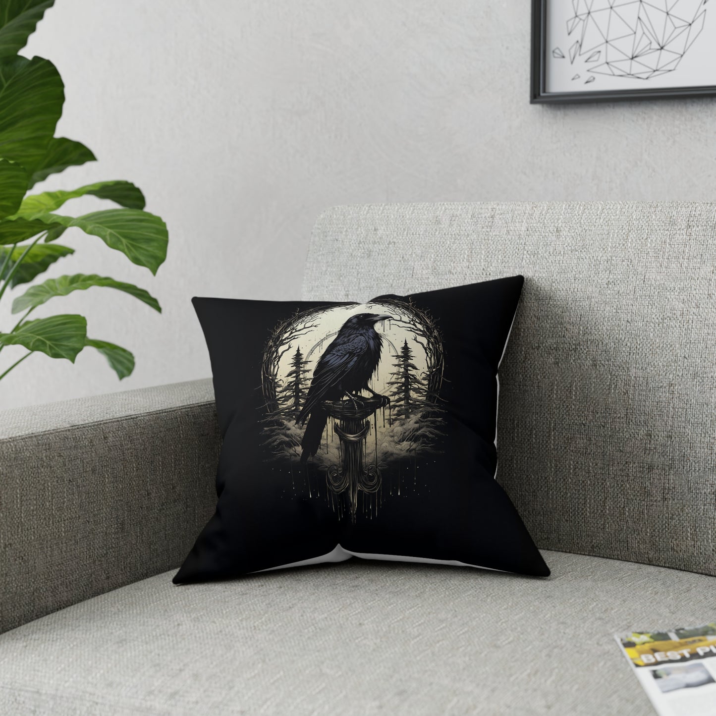 Night's Sentinel, Dark Raven Gothic Broadcloth Pillow. Cloth pillow, canvas pillow, raven pillow  goth pillow, dark art, dark academia, gift