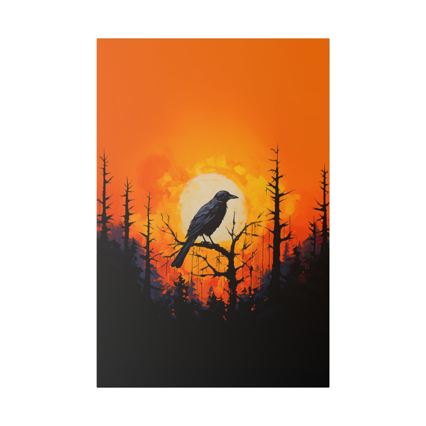 Corvid Sunrise Silhouette Matte Canvas Orange and Black Abstract Art Print 8x10, 12x16, 16x20,  18x24, 20x30, 24x32, 30x40, 32x48" Artwork