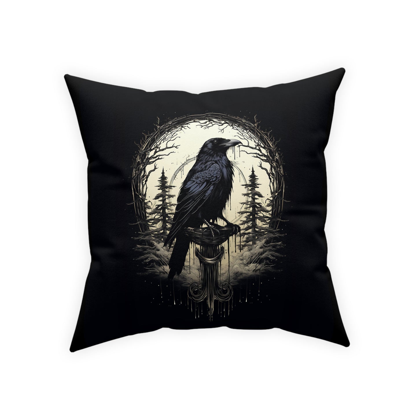 Night's Sentinel, Dark Raven Gothic Broadcloth Pillow. Cloth pillow, canvas pillow, raven pillow  goth pillow, dark art, dark academia, gift