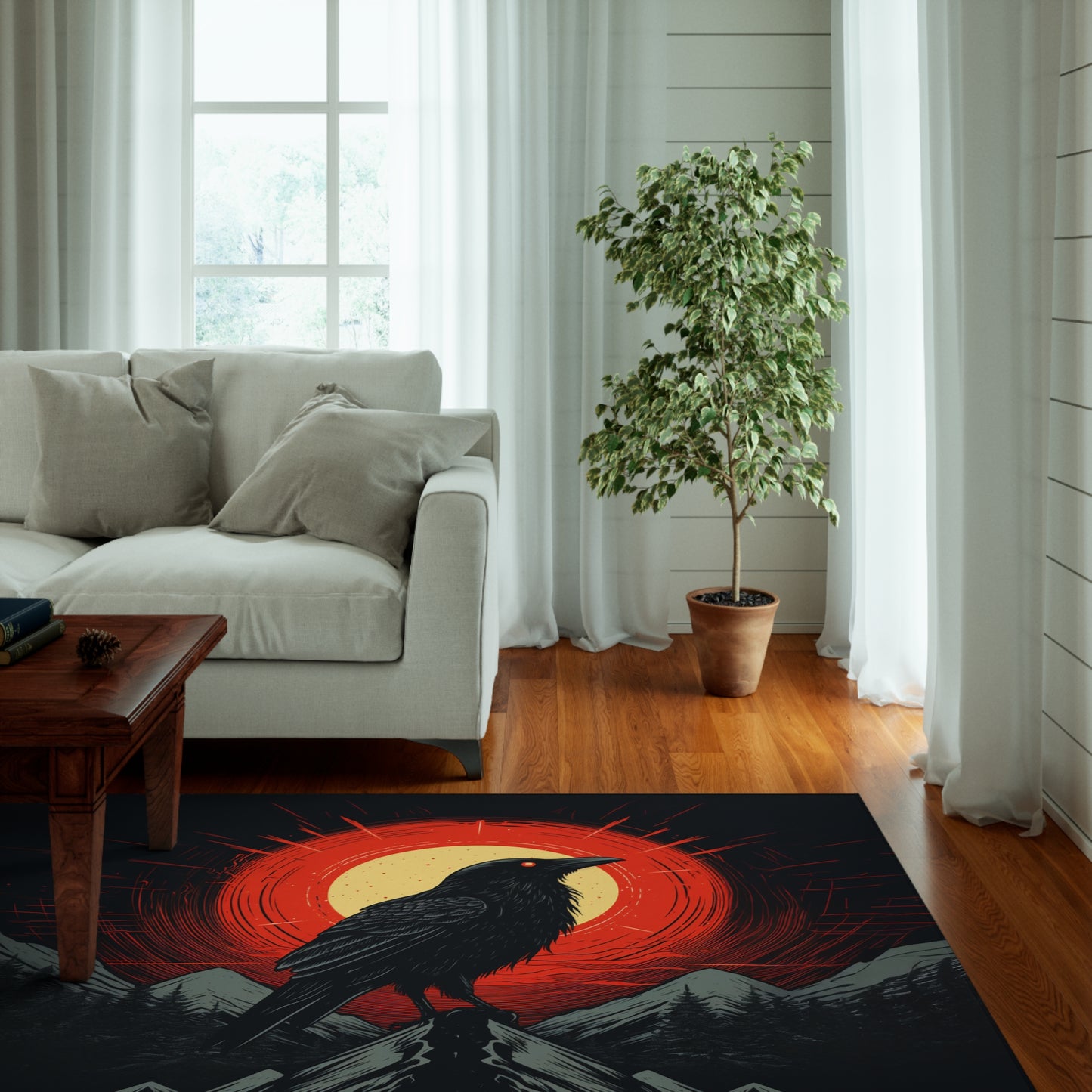 Black and Red Rug with Raven in Silhouette - area rug 63x84, approx 5x7