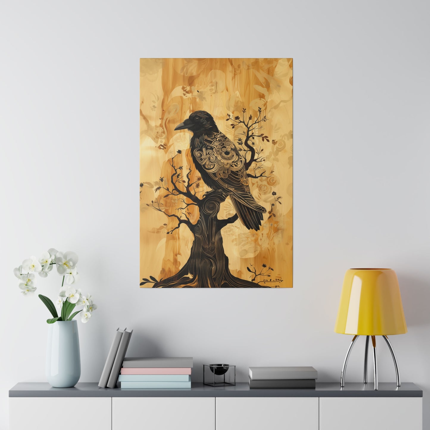 Delicate Raven Matte Canvas Corvid in tree Art Print 12x18, 16x24, 20x30, 24x36 inch Artwork Aspect Ratio 2:3 (vertical) as if on wood