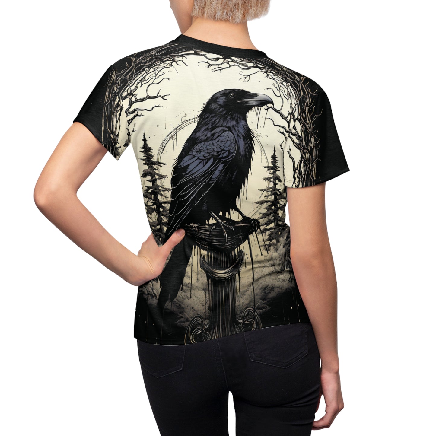 Night's Sentinel - My original art on a t-shirt. Black Gothic Raven T-shirt, raven t-shirt, gothic t-shirt, dark academia, womens, women's