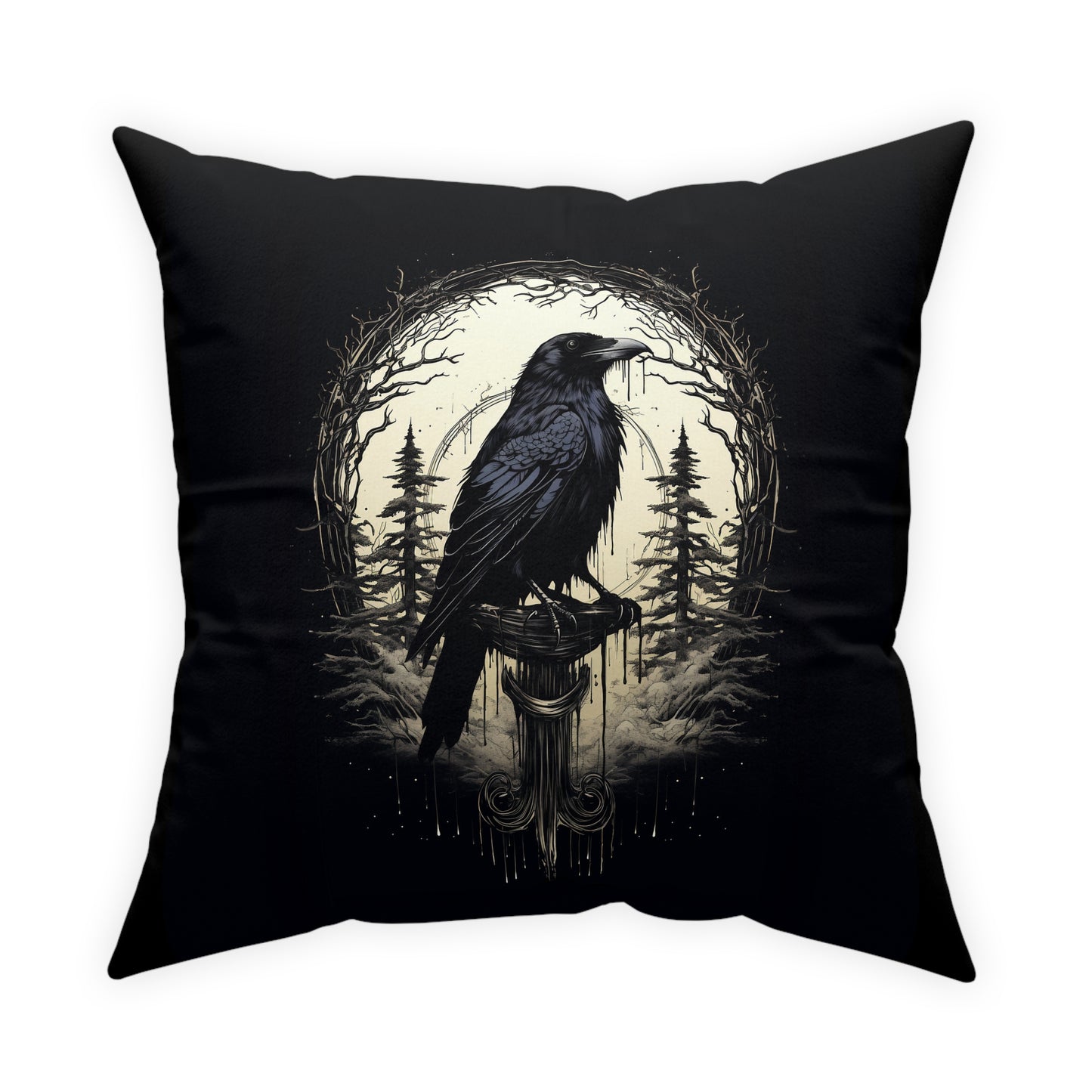 Night's Sentinel, Dark Raven Gothic Broadcloth Pillow. Cloth pillow, canvas pillow, raven pillow  goth pillow, dark art, dark academia, gift