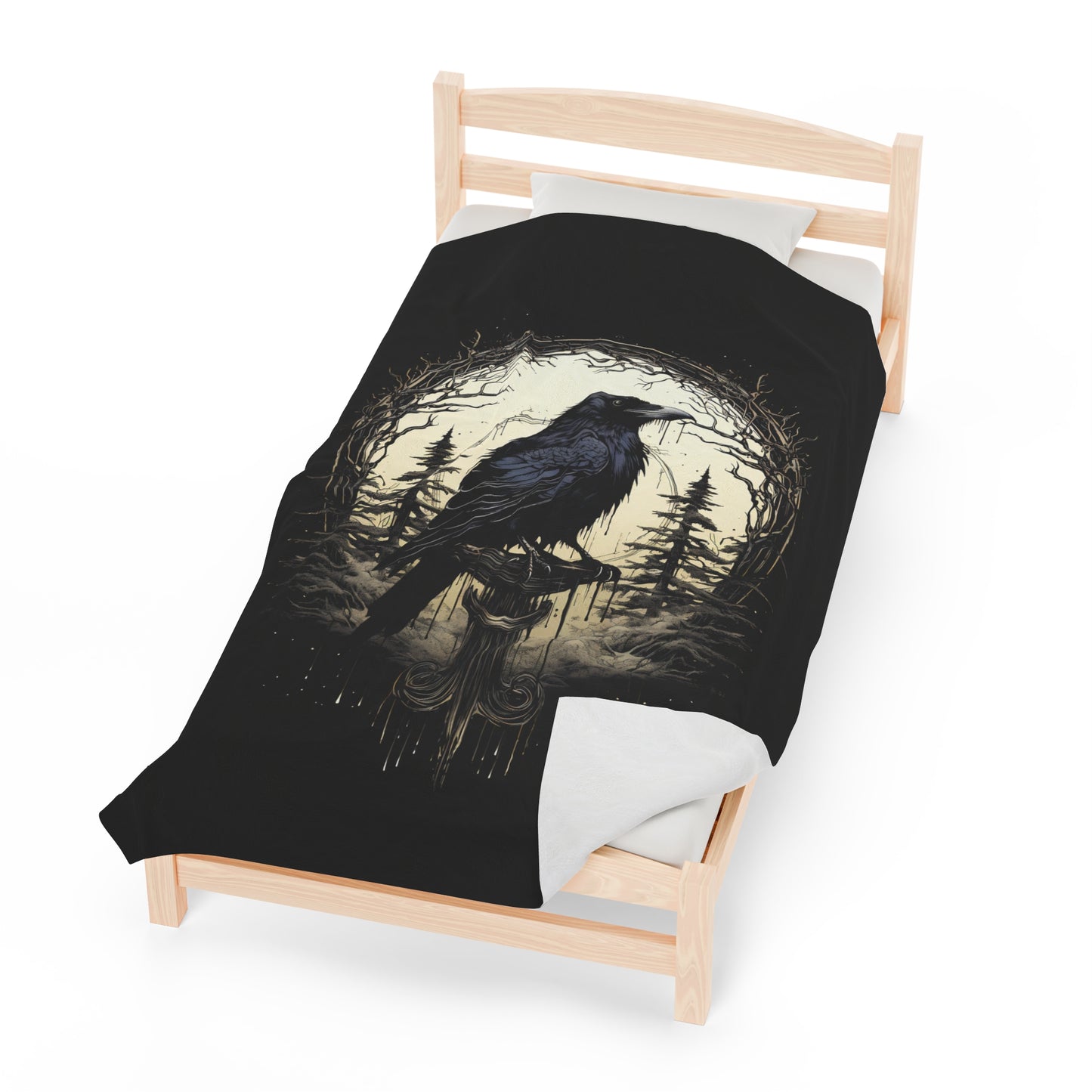 Gothic Raven Blanket - Night's Sentinel, Velveteen Fuzzy Raven Blanket, raven silhouette, gothic blanket, raven decor, dark academia blanket