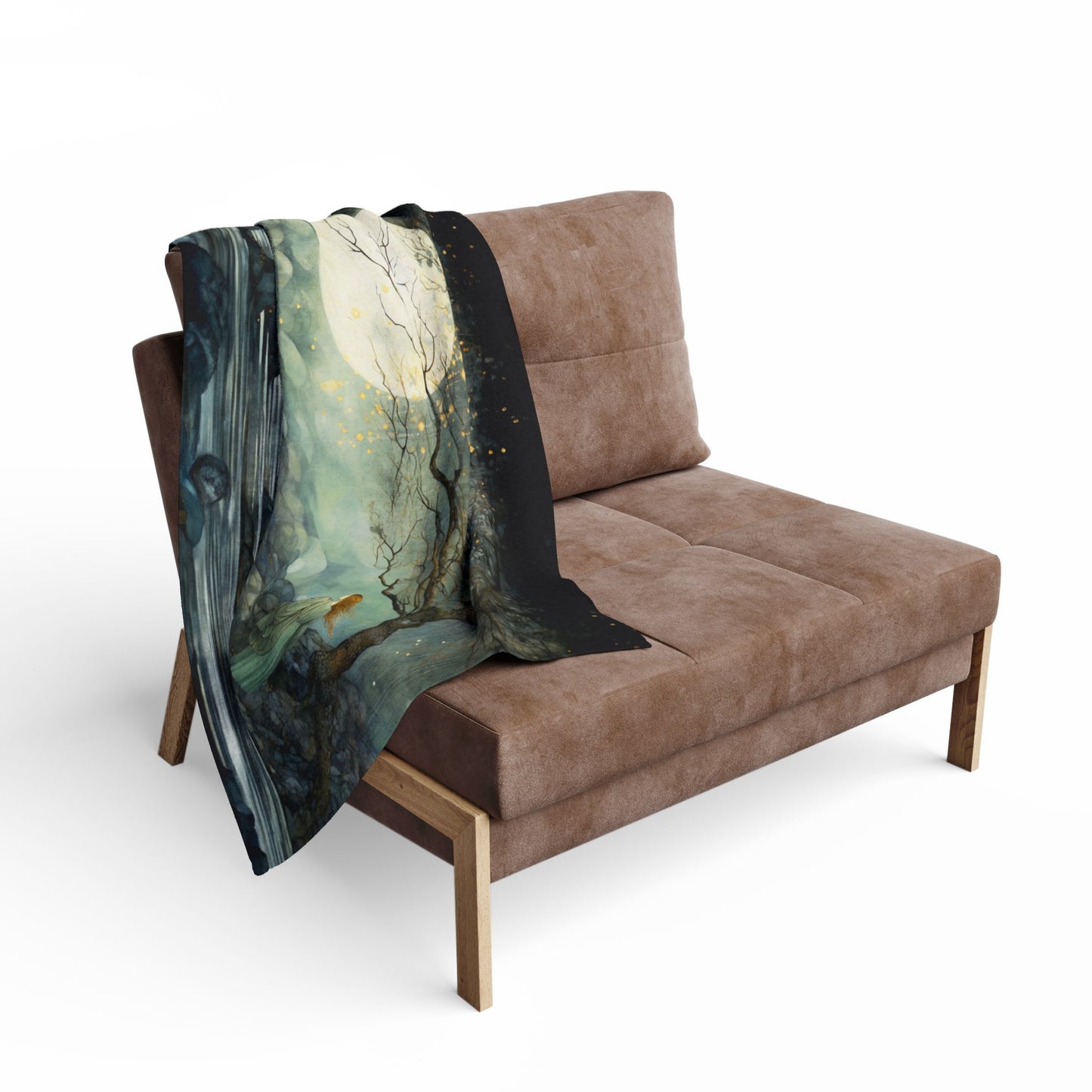 Her Lunar Reflections Arctic Fleece Blanket - a serene original art scene featuring a redheaded woman and a full moon