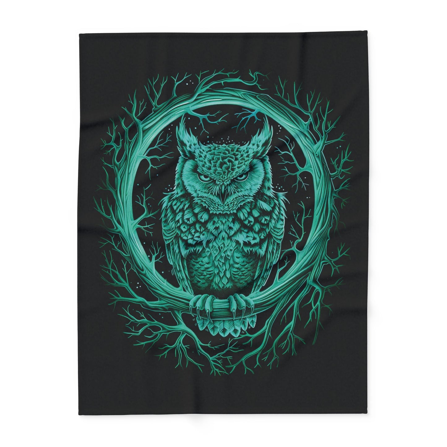 Owl Wreath Arctic Fleece Blanket Green Owl Blanket Fleece Green and Black Blanket Glowing Blanket