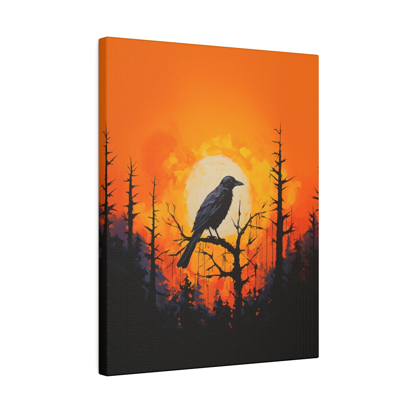 Corvid Sunrise Silhouette Matte Canvas Orange and Black Abstract Art Print 8x10, 12x16, 16x20,  18x24, 20x30, 24x32, 30x40, 32x48" Artwork