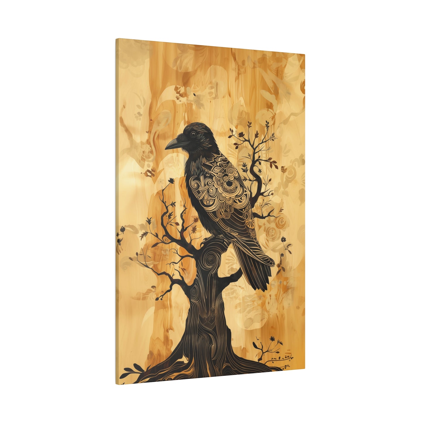 Delicate Raven Matte Canvas Corvid in tree Art Print 12x18, 16x24, 20x30, 24x36 inch Artwork Aspect Ratio 2:3 (vertical) as if on wood