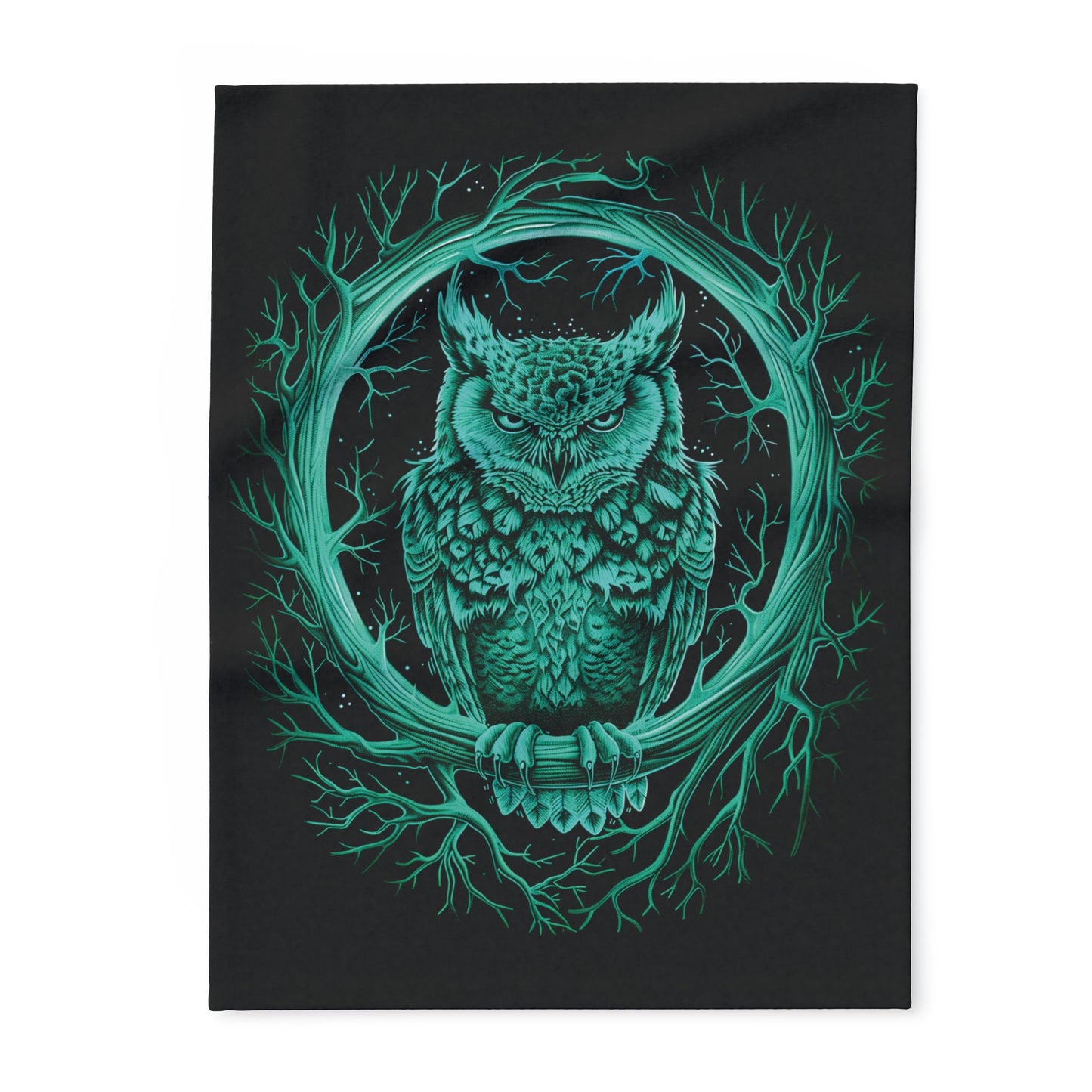 Owl Wreath Arctic Fleece Blanket Green Owl Blanket Fleece Green and Black Blanket Glowing Blanket