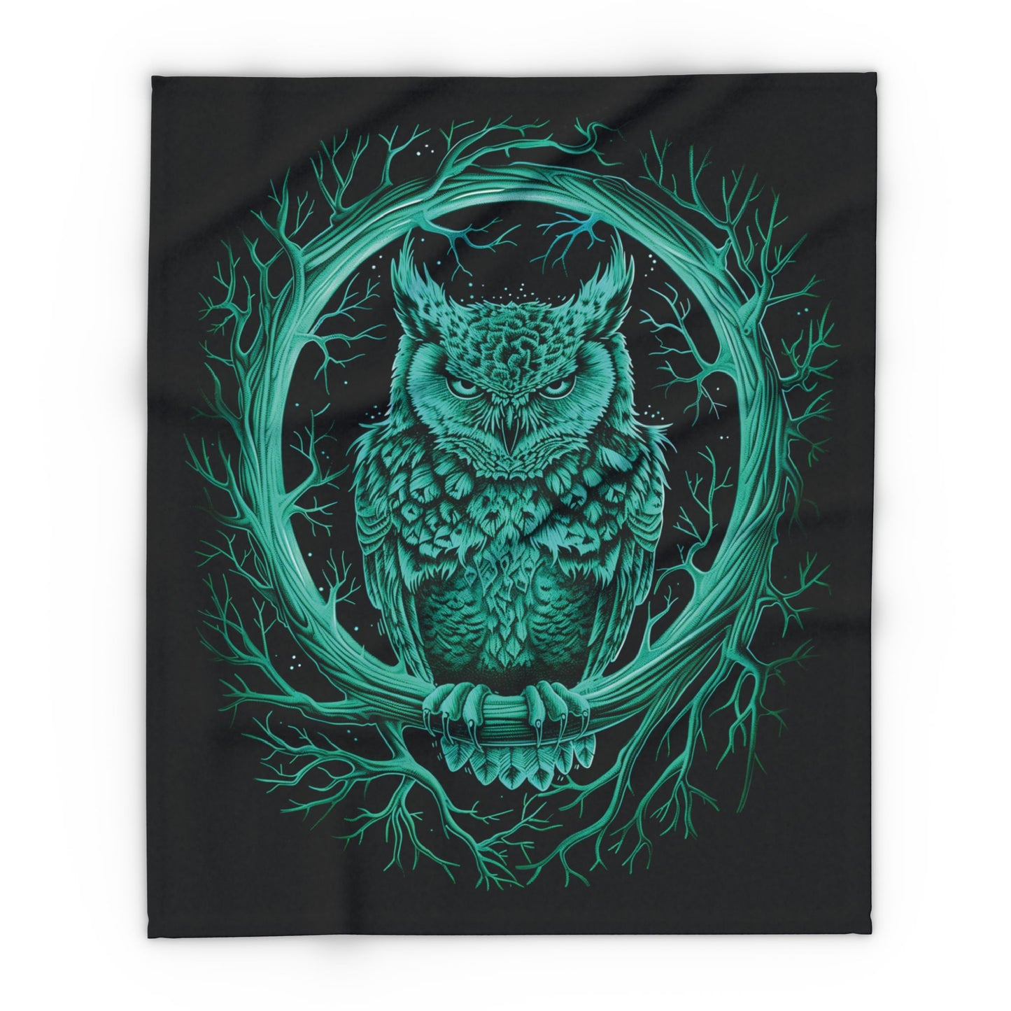 Owl Wreath Arctic Fleece Blanket Green Owl Blanket Fleece Green and Black Blanket Glowing Blanket