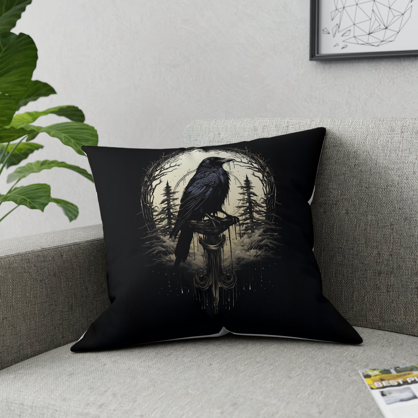 Night's Sentinel, Dark Raven Gothic Broadcloth Pillow. Cloth pillow, canvas pillow, raven pillow  goth pillow, dark art, dark academia, gift