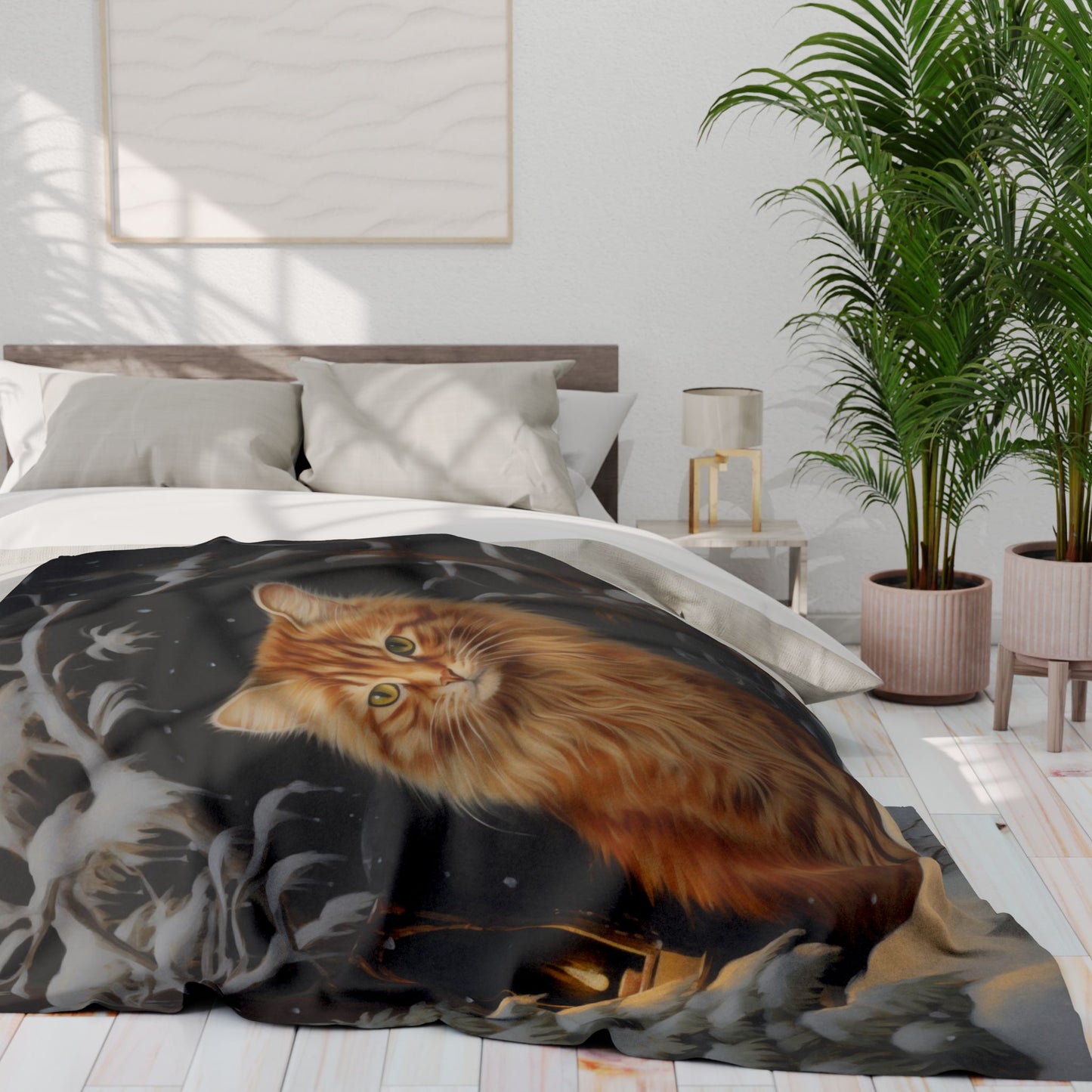 Winter Cat Arctic Fleece Blanket - Original Art - a Fluffy Orange Cat in a Comfy Snowy Scene Winter Fleece Blanket Fleece Cat Blanket