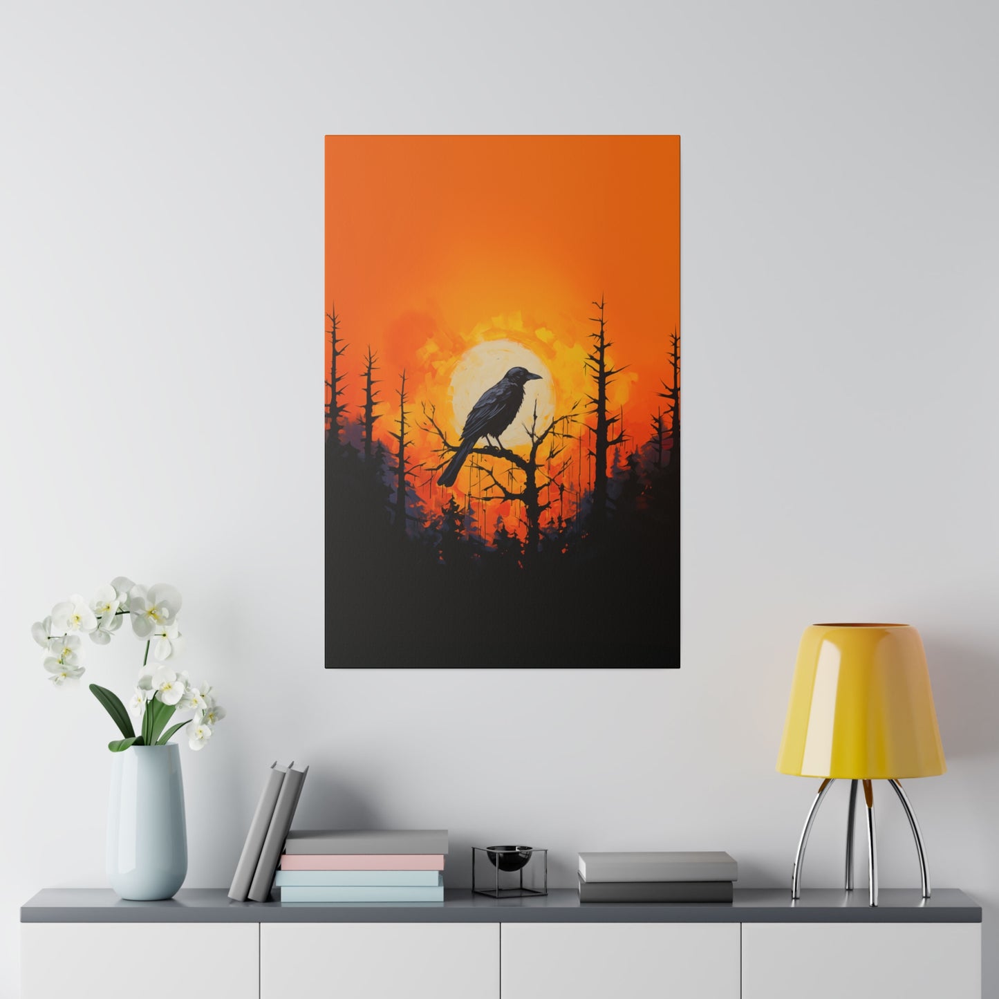 Corvid Sunrise Silhouette Matte Canvas Orange and Black Abstract Art Print 8x10, 12x16, 16x20,  18x24, 20x30, 24x32, 30x40, 32x48" Artwork