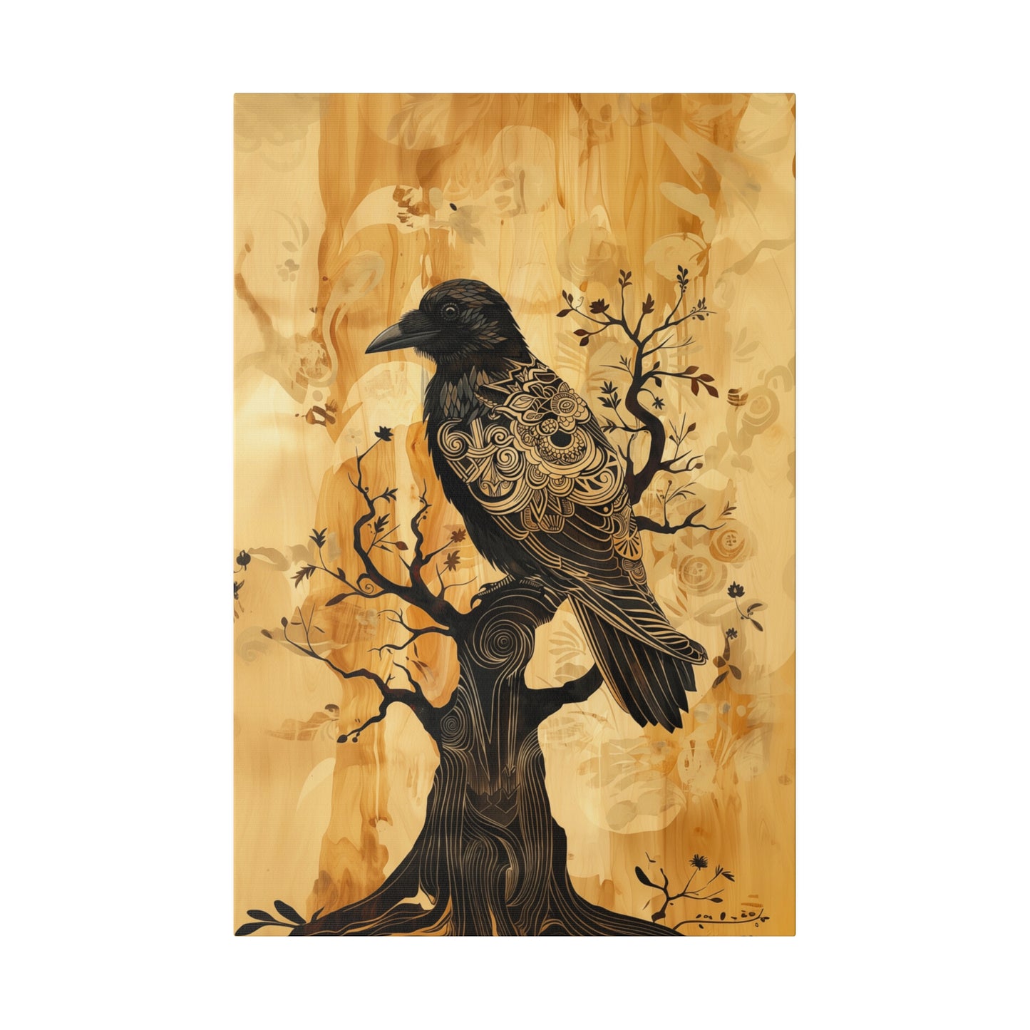 Delicate Raven Matte Canvas Corvid in tree Art Print 12x18, 16x24, 20x30, 24x36 inch Artwork Aspect Ratio 2:3 (vertical) as if on wood