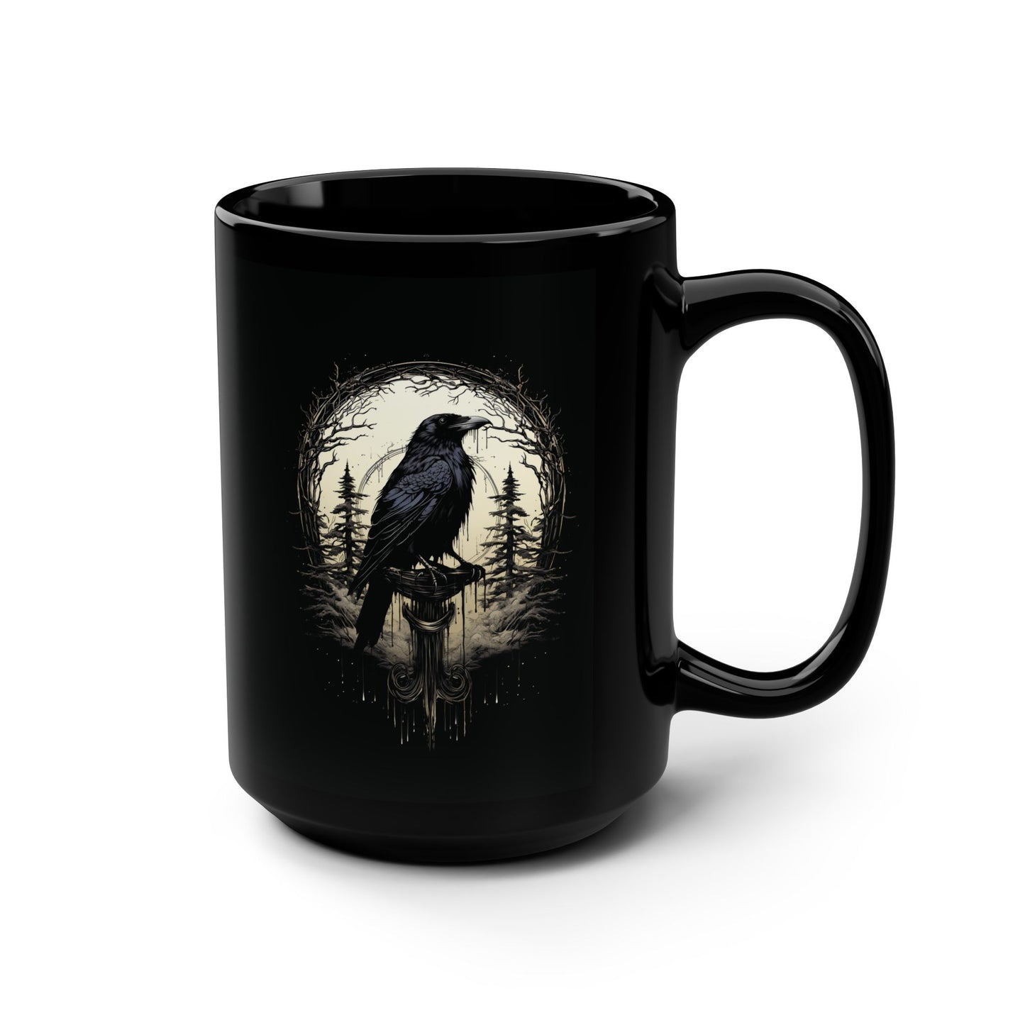 Night's Sentinel 15oz Large Black Mug - Original art on a mug, black raven mug, gothic mug, raven mug, dark academic mug, raven gift, Odin