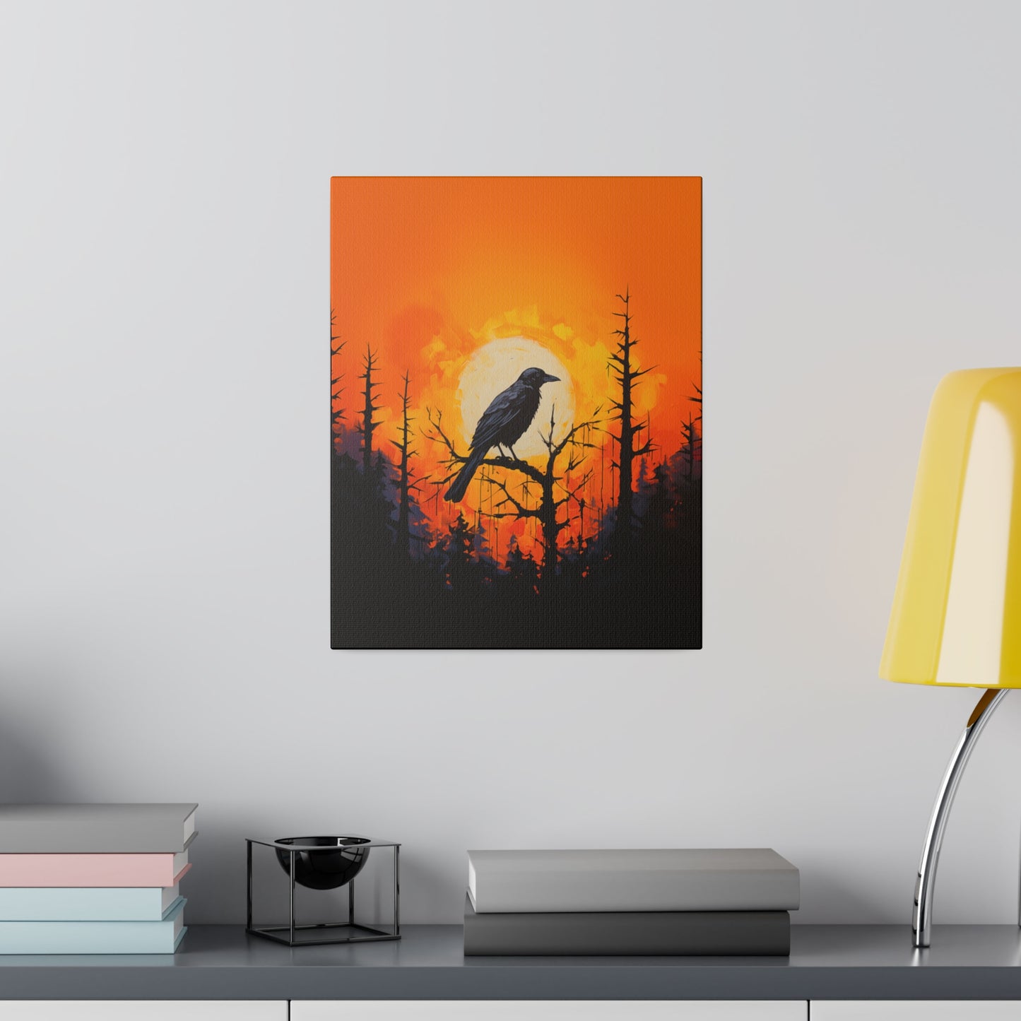 Corvid Sunrise Silhouette Matte Canvas Orange and Black Abstract Art Print 8x10, 12x16, 16x20,  18x24, 20x30, 24x32, 30x40, 32x48" Artwork