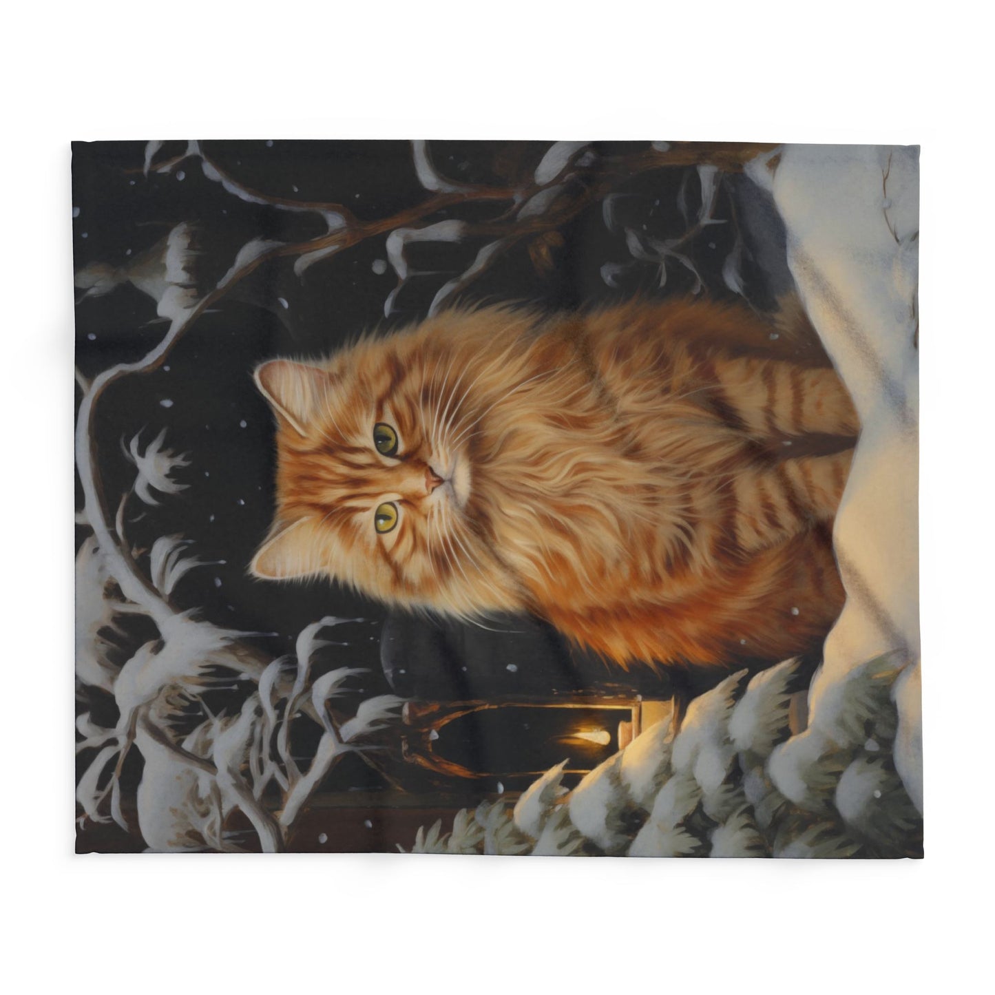 Winter Cat Arctic Fleece Blanket - Original Art - a Fluffy Orange Cat in a Comfy Snowy Scene Winter Fleece Blanket Fleece Cat Blanket